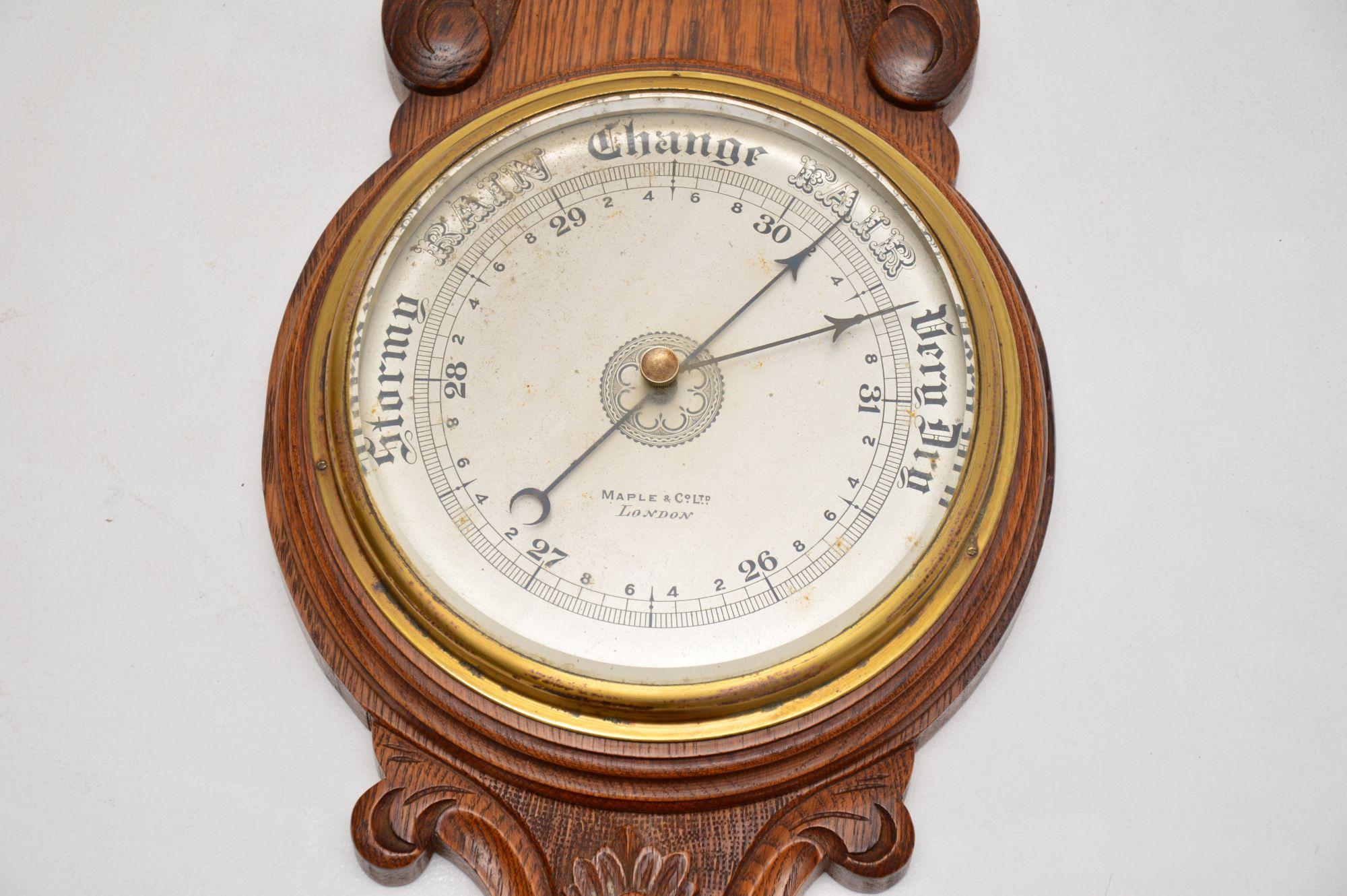 Antique Victorian Carved Oak Banjo Barometer by Maple & Co For Sale 3