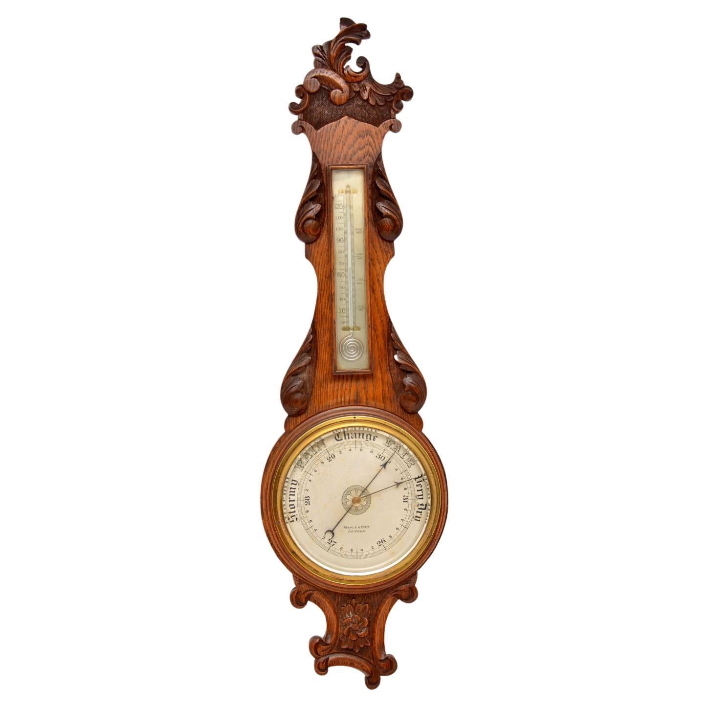 Antique Victorian Carved Oak Banjo Barometer by Maple & Co For Sale
