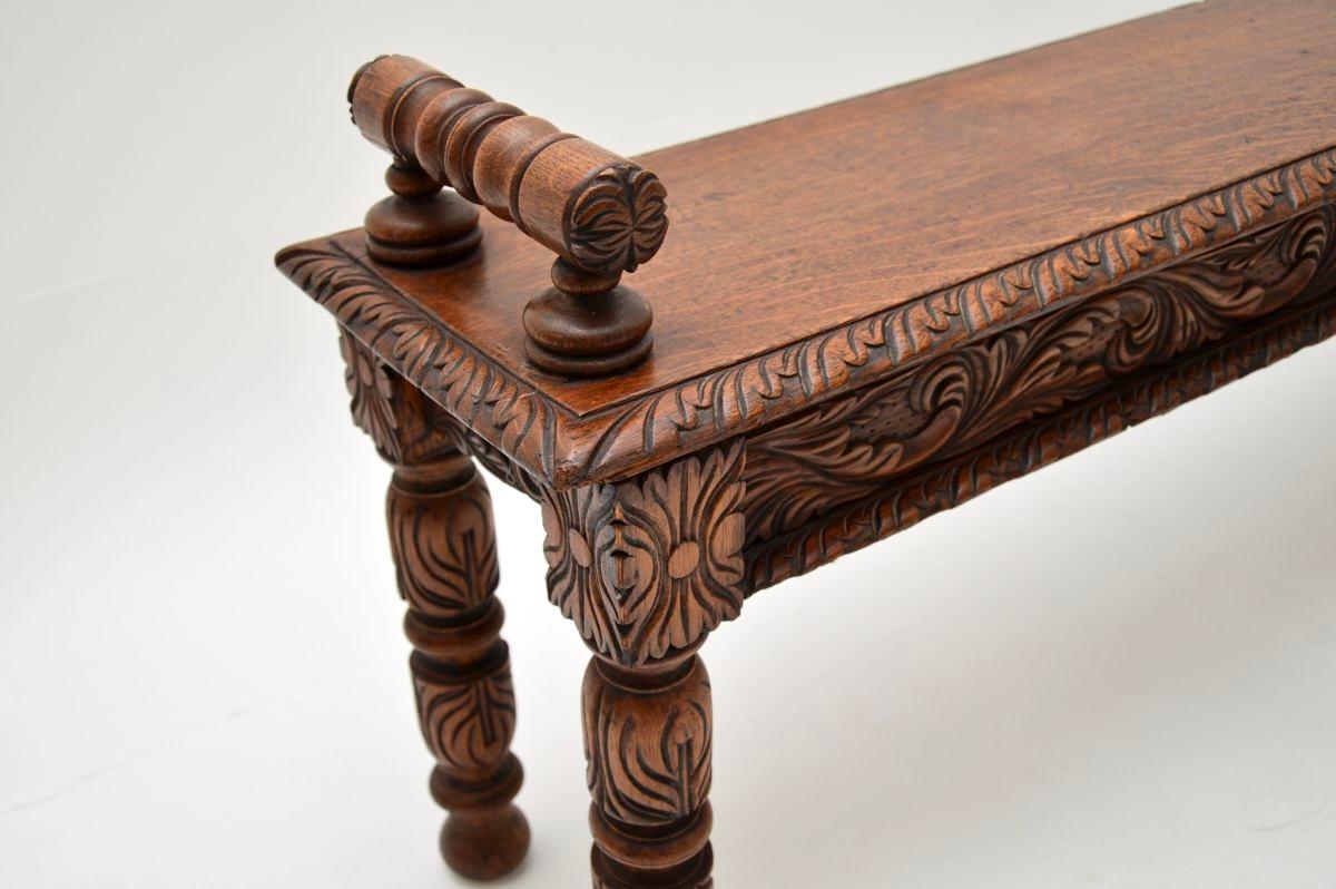 Late 19th Century Antique Victorian Carved Oak Bench For Sale