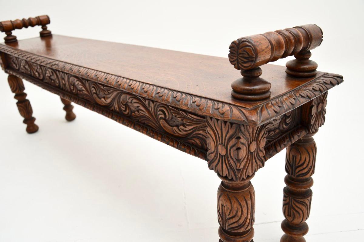 Antique Victorian Carved Oak Bench For Sale 1