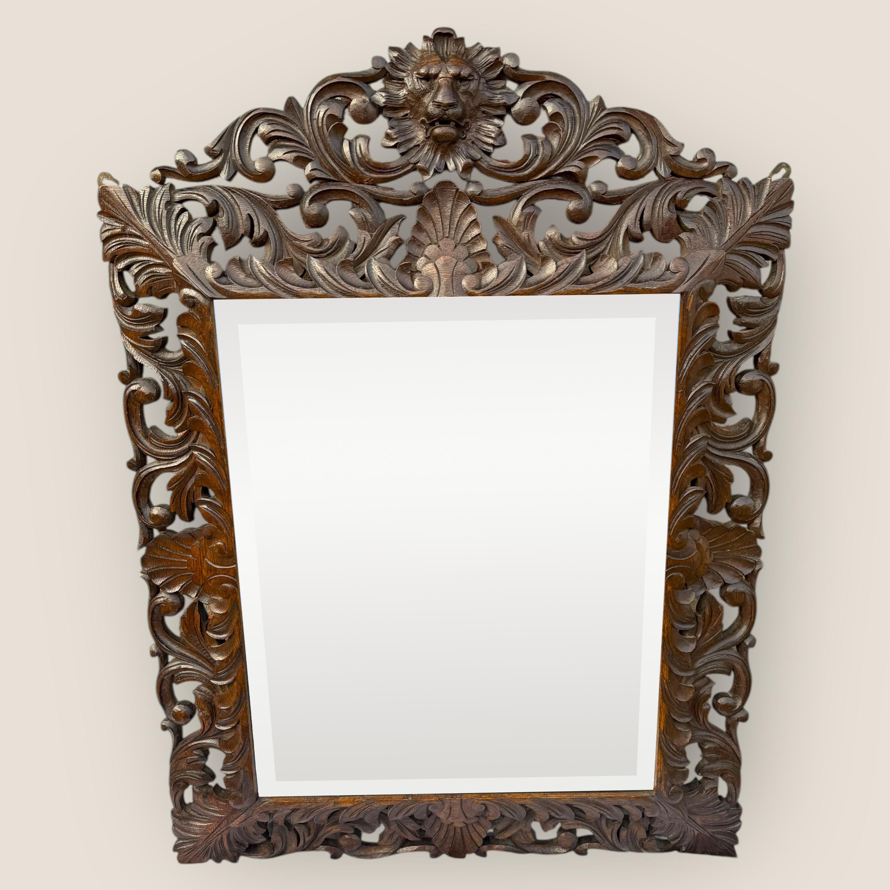 Antique Victorian Carved Oak Bevelled Mantel Mirror with Carved Lion Pediment For Sale 10