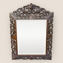 Antique Victorian Carved Oak Bevelled Mantel Mirror with Carved Lion Pediment