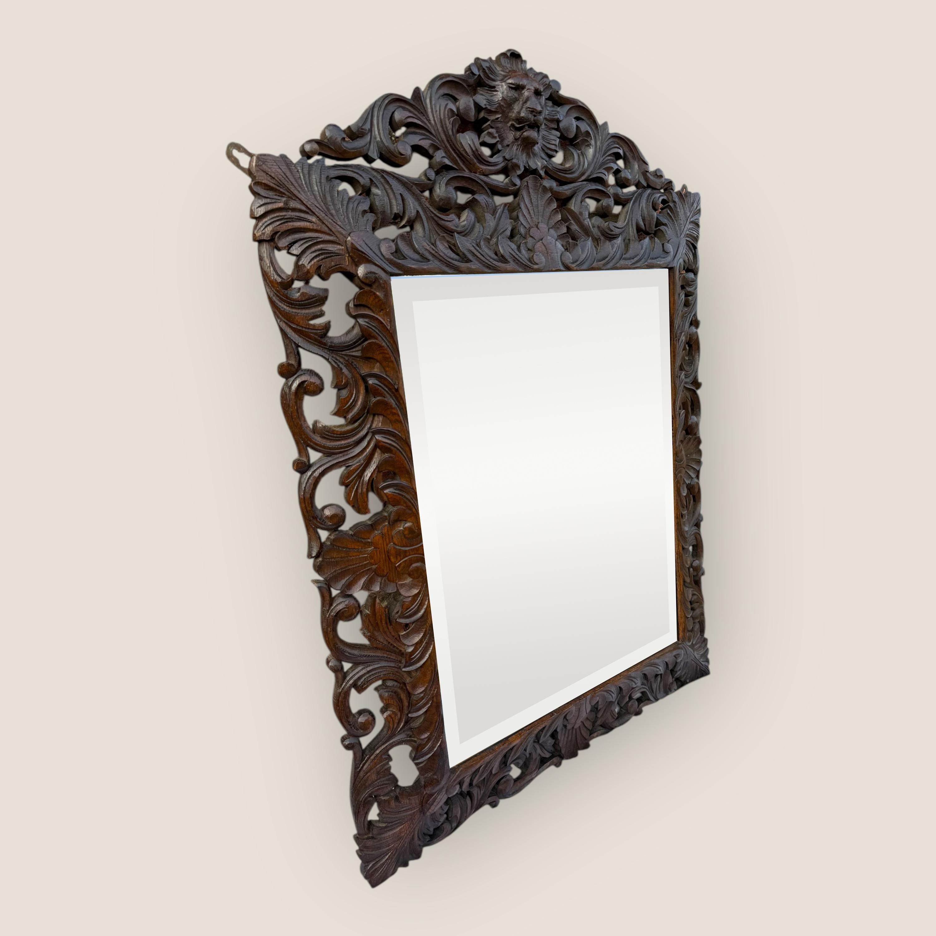 British Antique Victorian Carved Oak Bevelled Mantel Mirror with Carved Lion Pediment For Sale