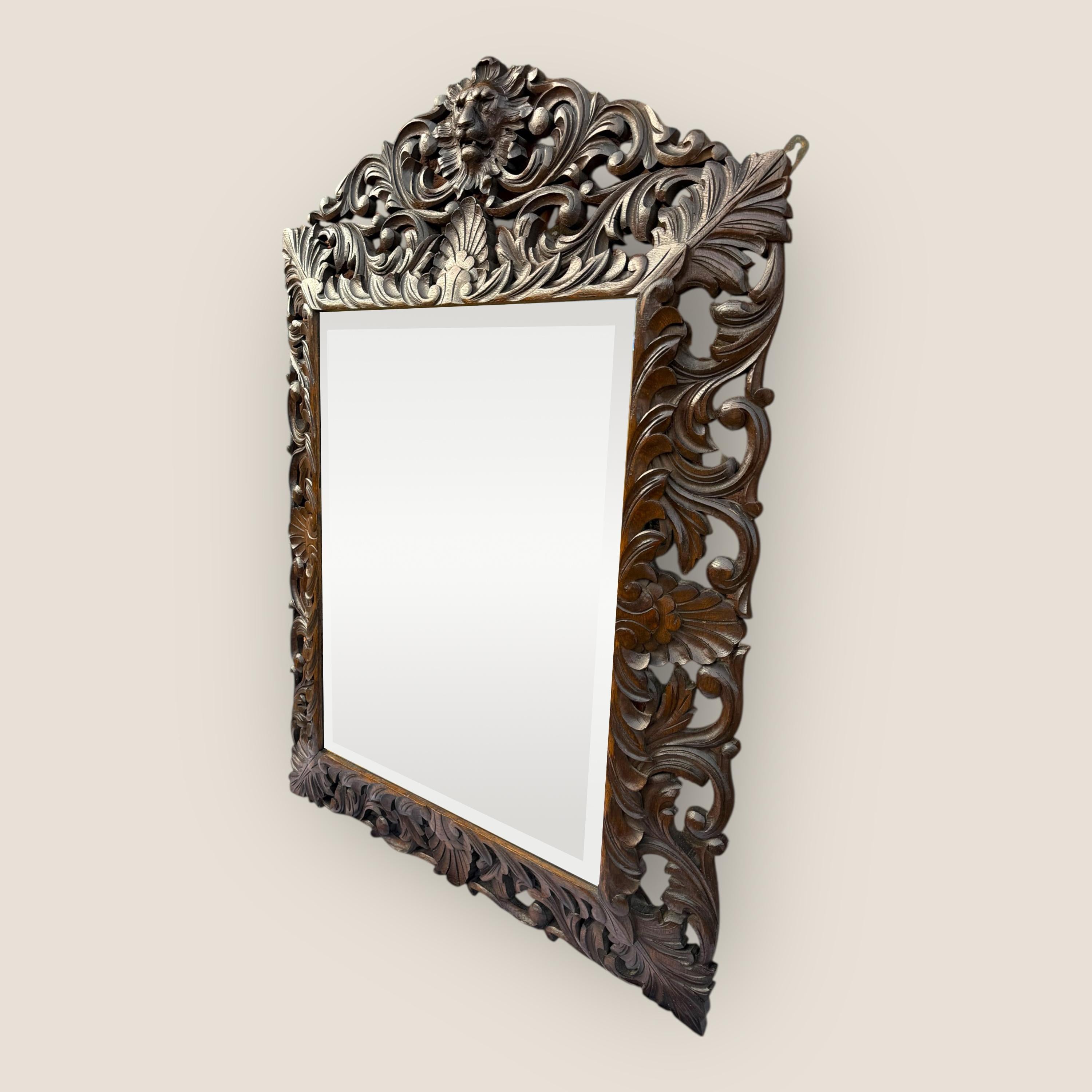 Antique Victorian Carved Oak Bevelled Mantel Mirror with Carved Lion Pediment In Good Condition For Sale In King's Lynn, GB