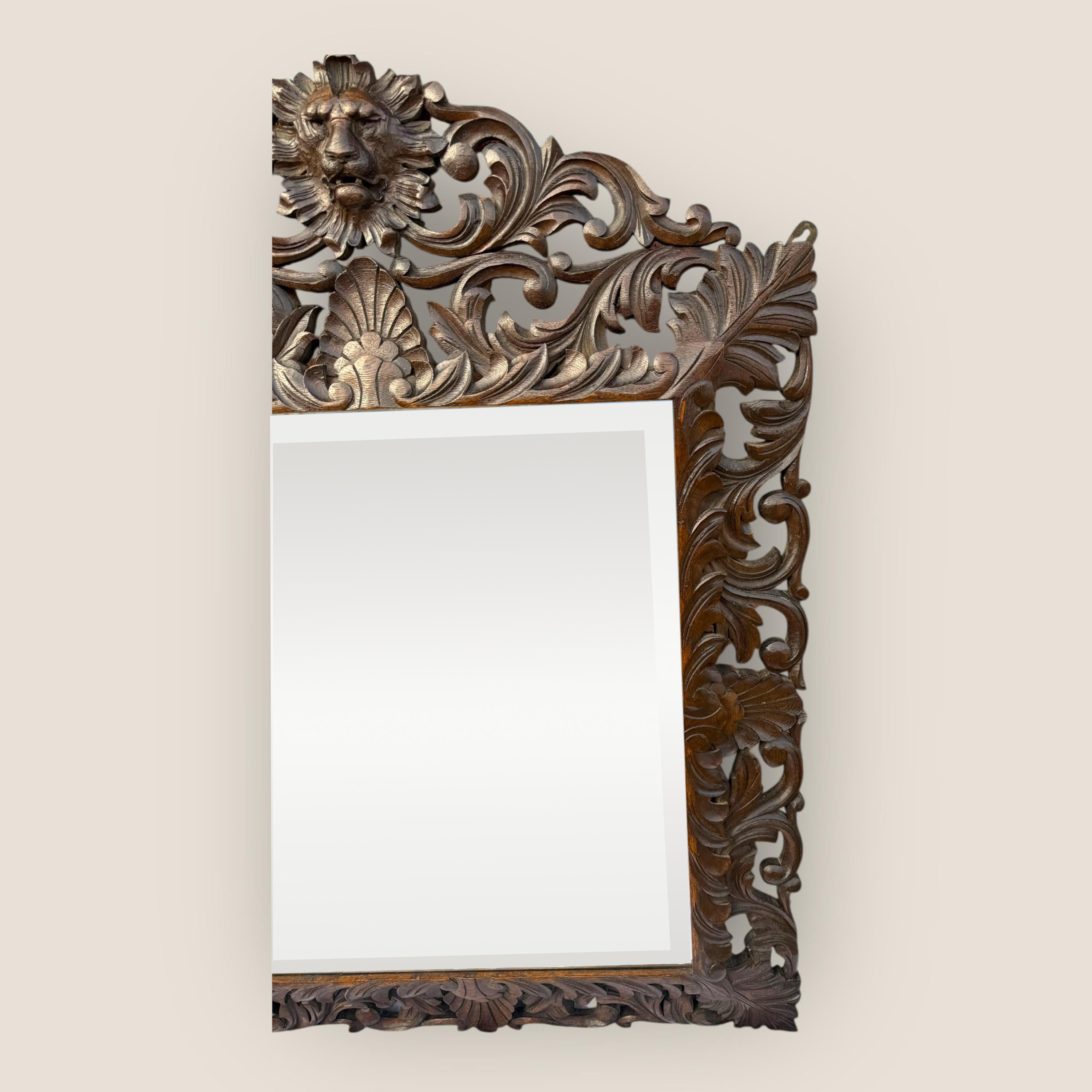 19th Century Antique Victorian Carved Oak Bevelled Mantel Mirror with Carved Lion Pediment For Sale
