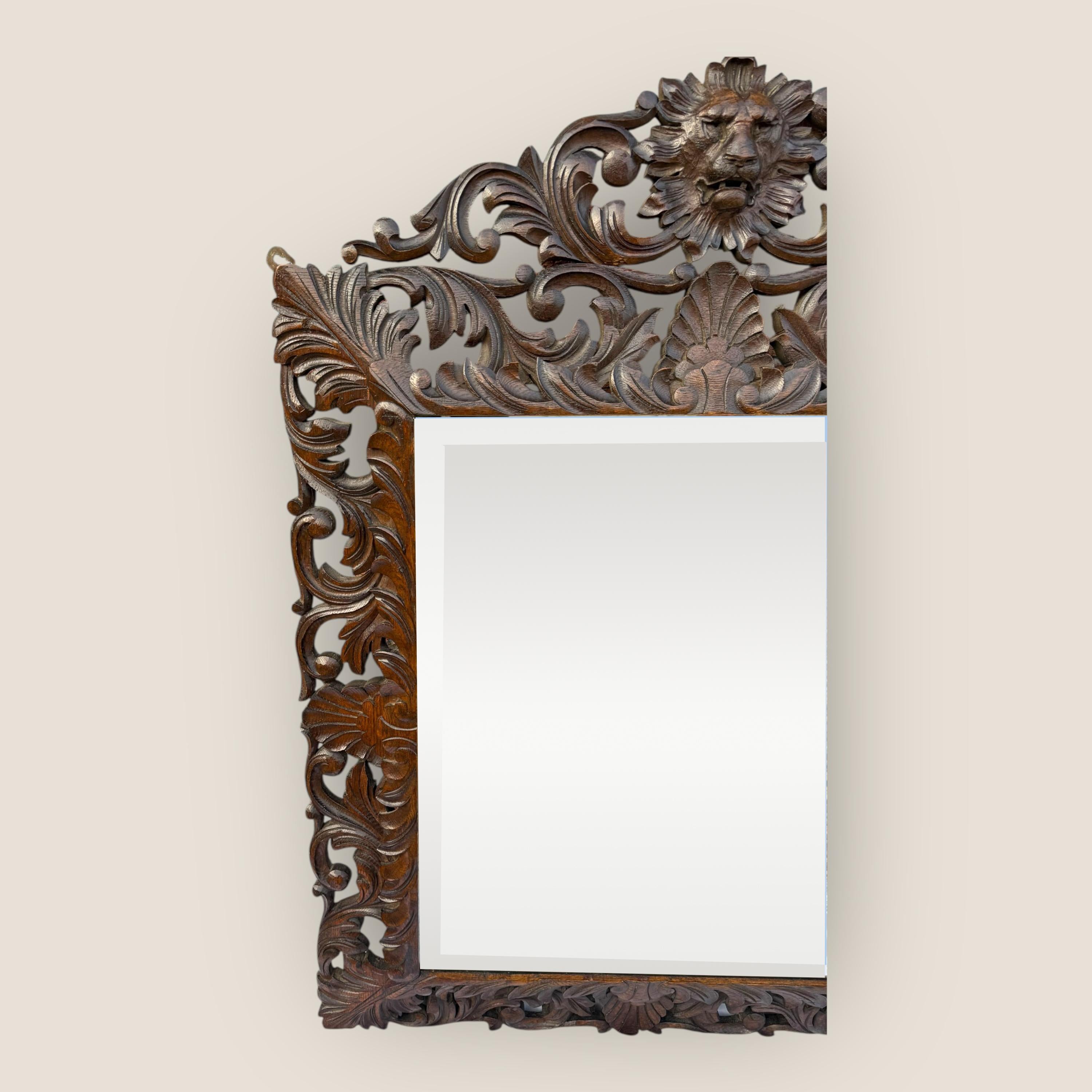 Antique Victorian Carved Oak Bevelled Mantel Mirror with Carved Lion Pediment For Sale 1
