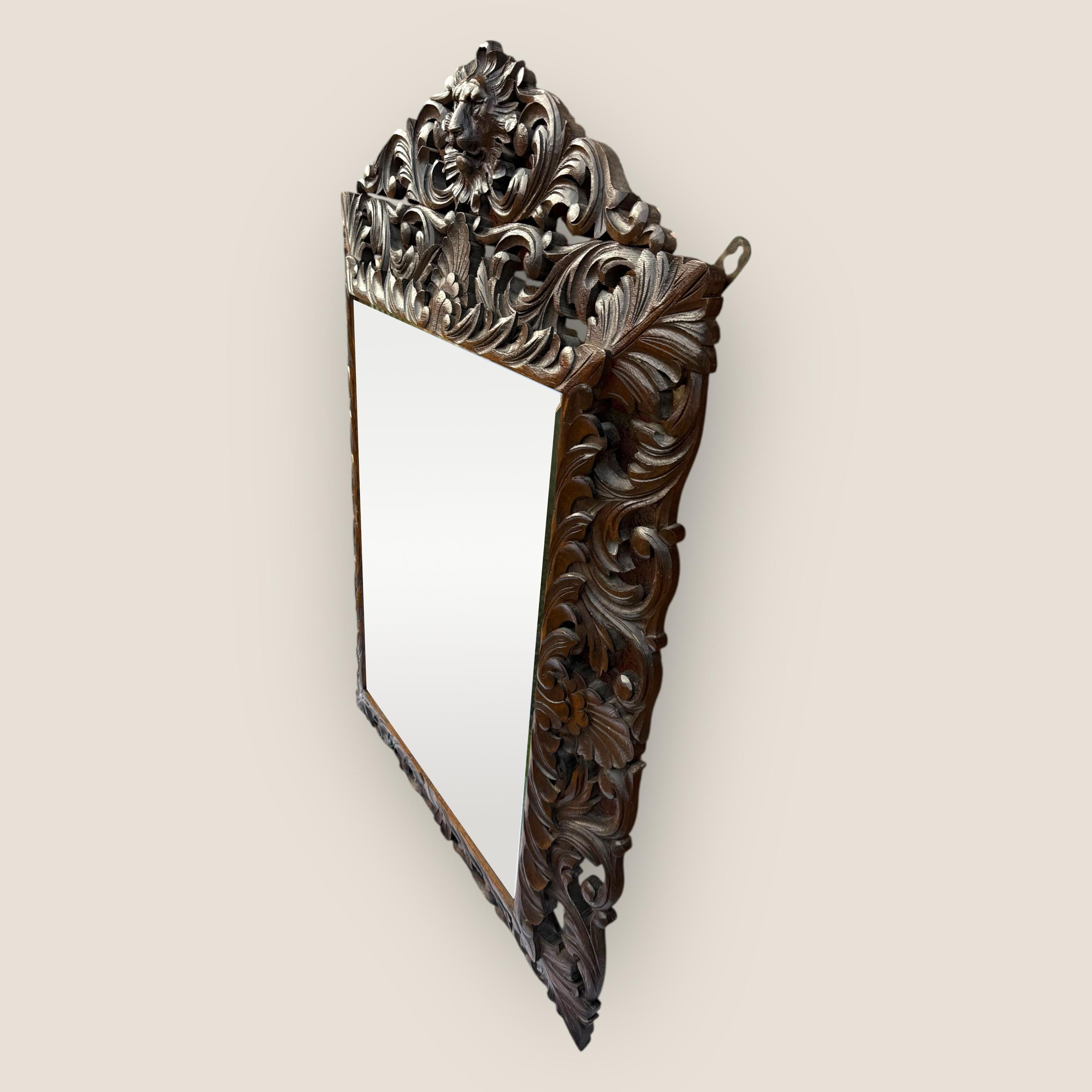 Antique Victorian Carved Oak Bevelled Mantel Mirror with Carved Lion Pediment For Sale 2