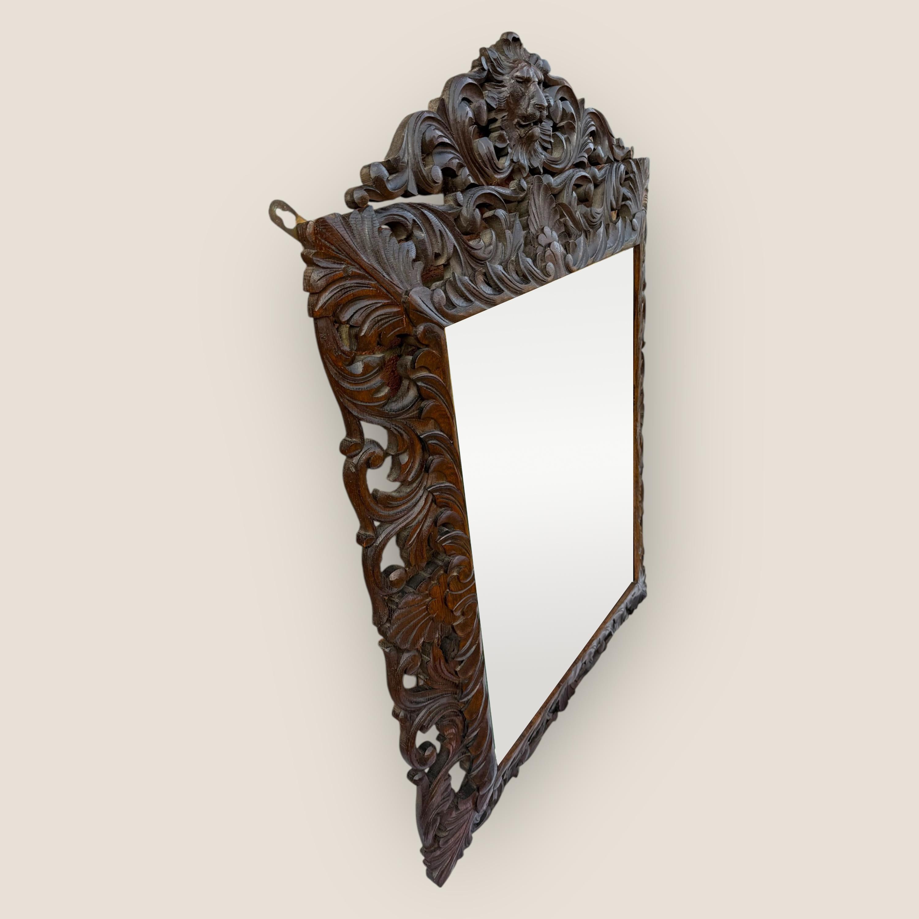 Antique Victorian Carved Oak Bevelled Mantel Mirror with Carved Lion Pediment For Sale 3
