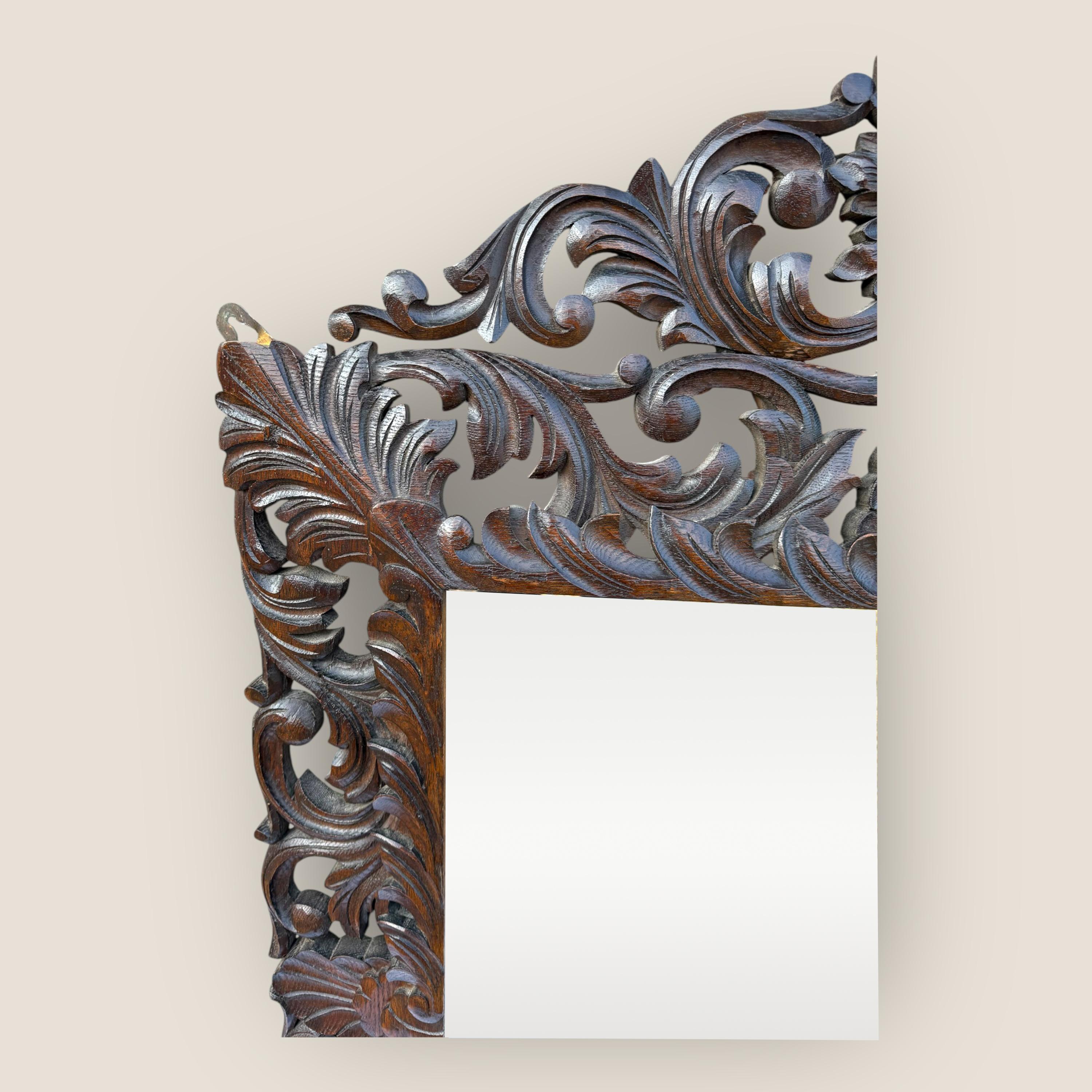 Antique Victorian Carved Oak Bevelled Mantel Mirror with Carved Lion Pediment For Sale 4