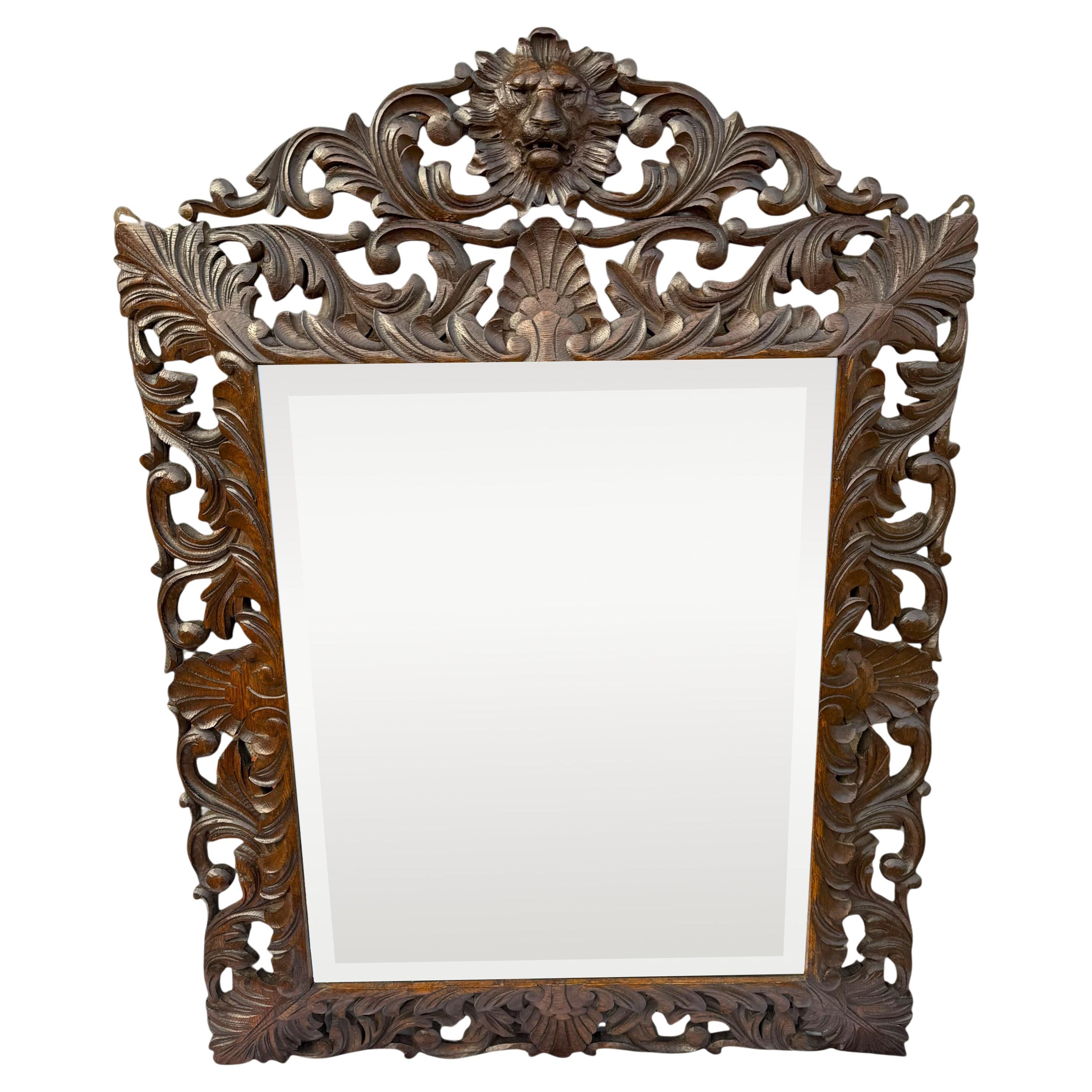 Antique Victorian Carved Oak Bevelled Mantel Mirror with Carved Lion Pediment For Sale