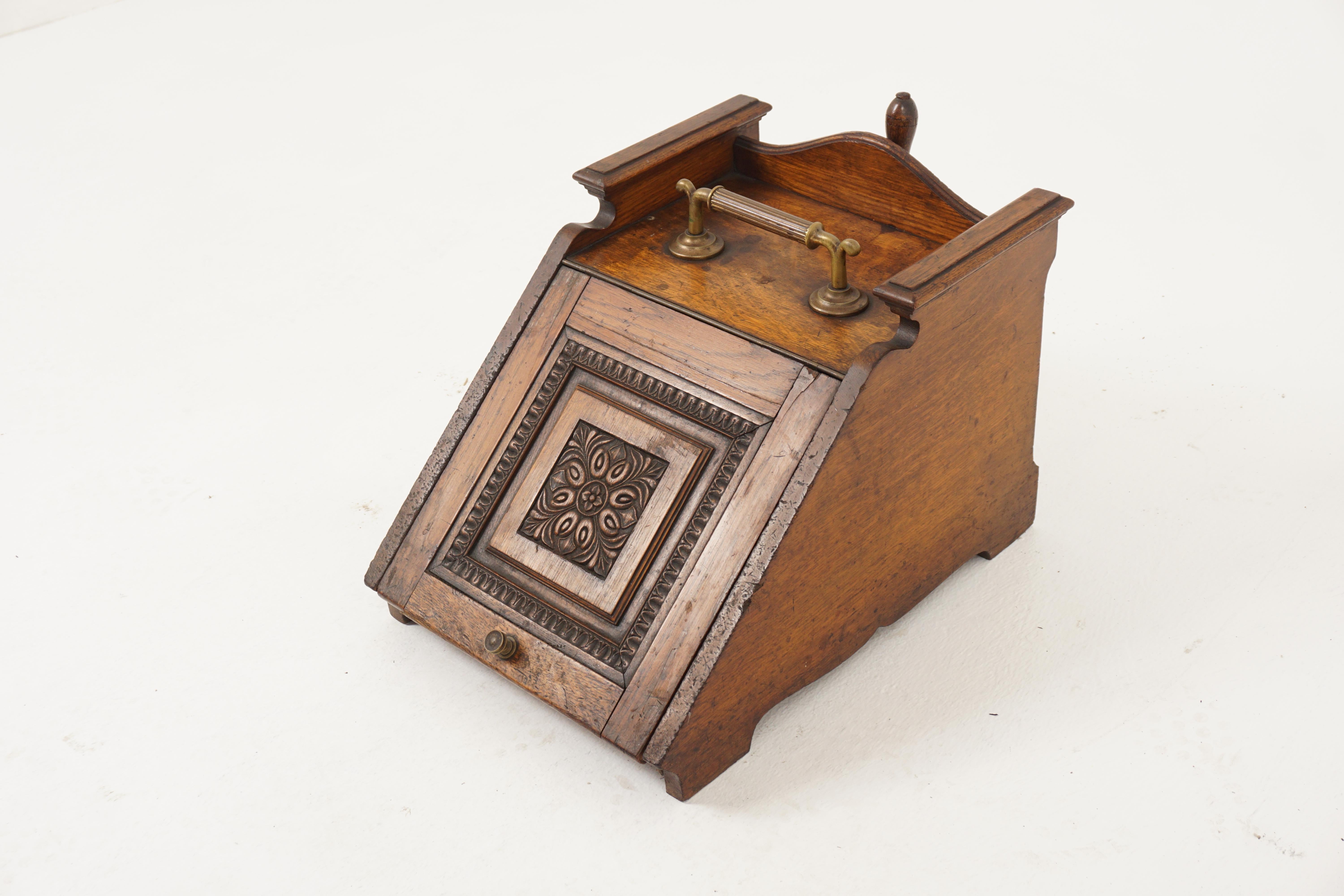 Antique Victorian Carved Oak Coal Hod, Coal Scuttle with Reginal Shovel, Scotland 1890, B2675

Scotland 1890
Solid Oak
Original Finish
Brass carrying handle
Carved front lid opens to reveal a galvanized steel liner
With shovel to the