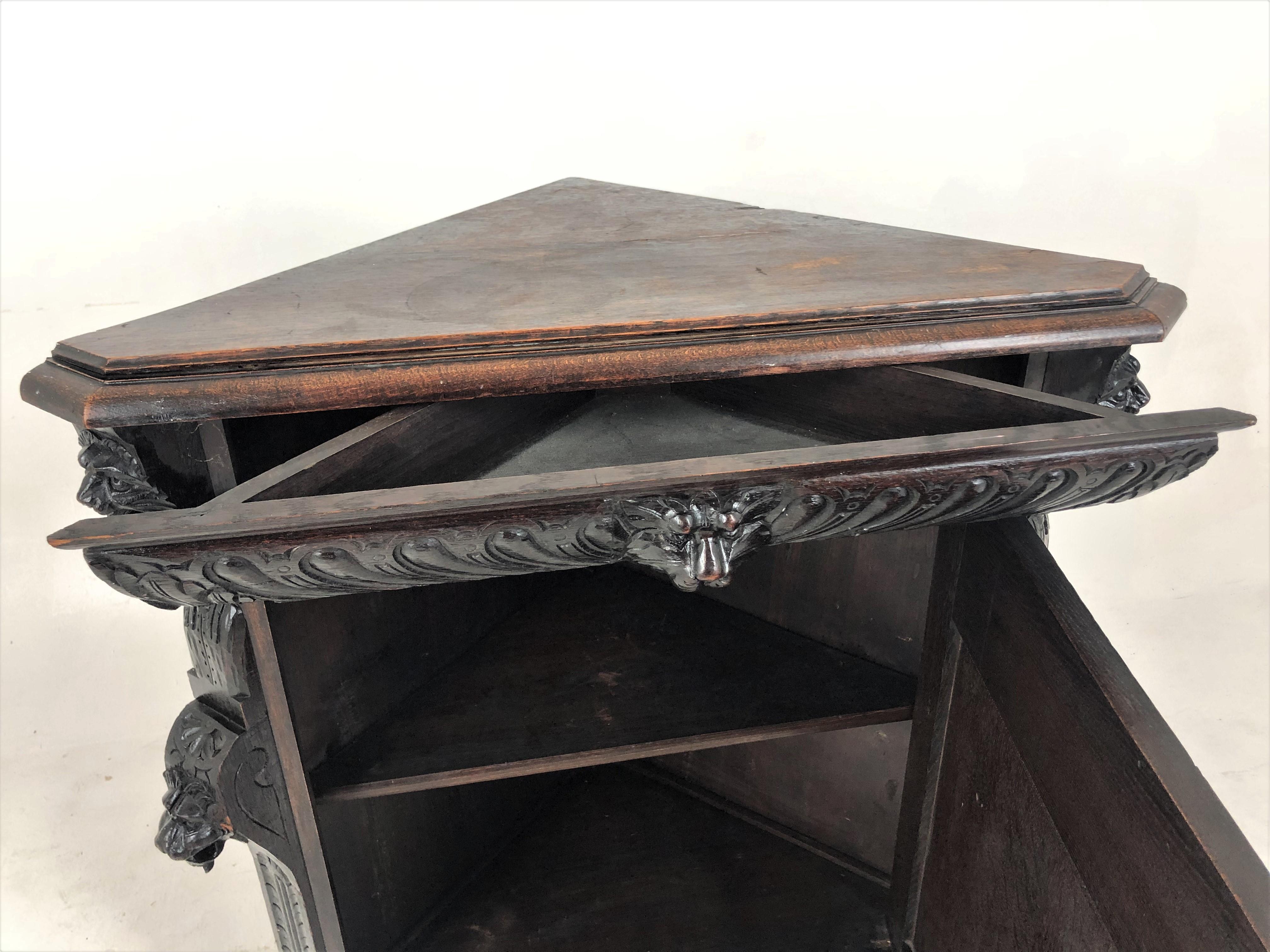 Antique Victorian Carved Oak Corner Cabinet 