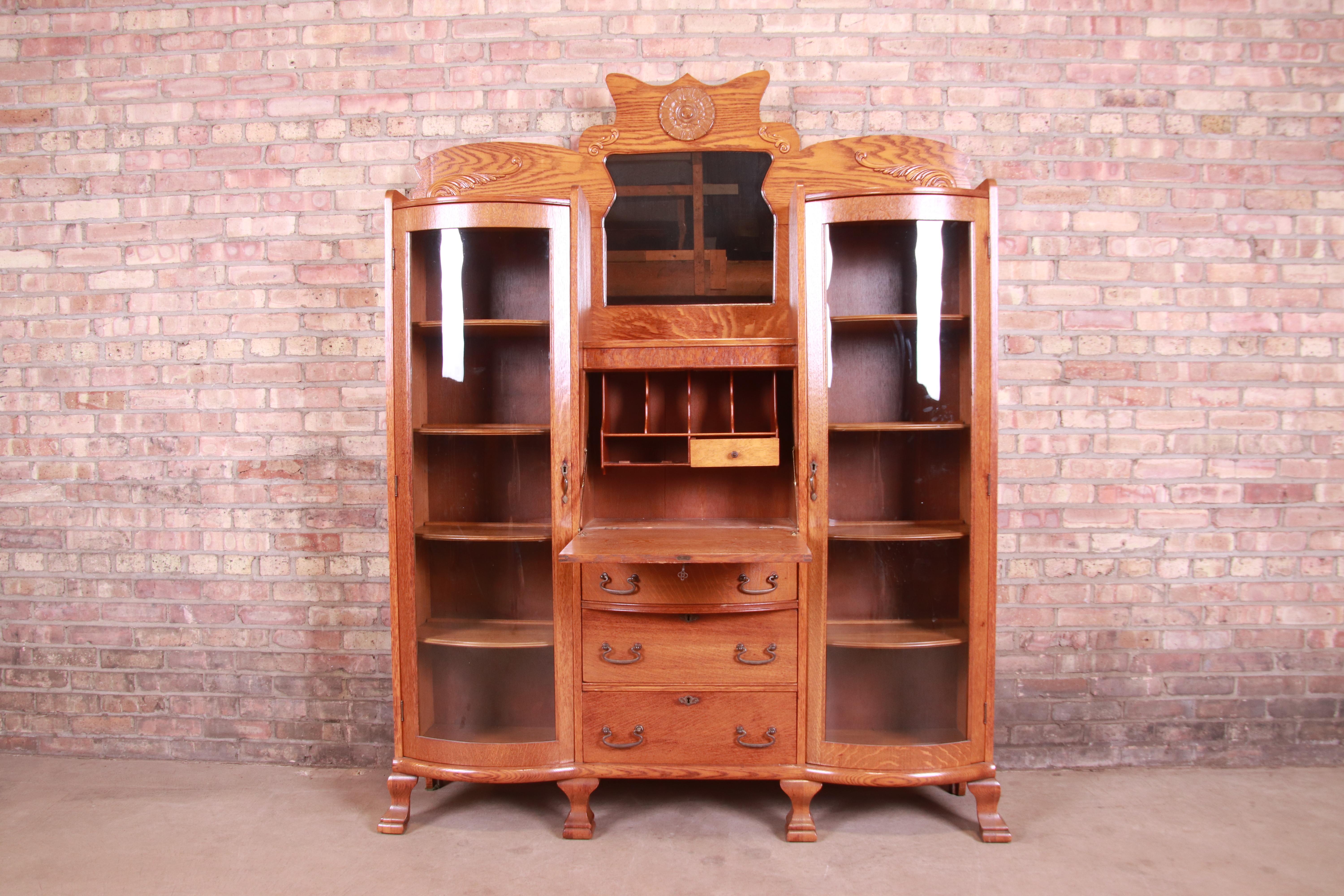 Antique Victorian Carved Oak Curved Glass Double Bookcase with Secretary Desk 1