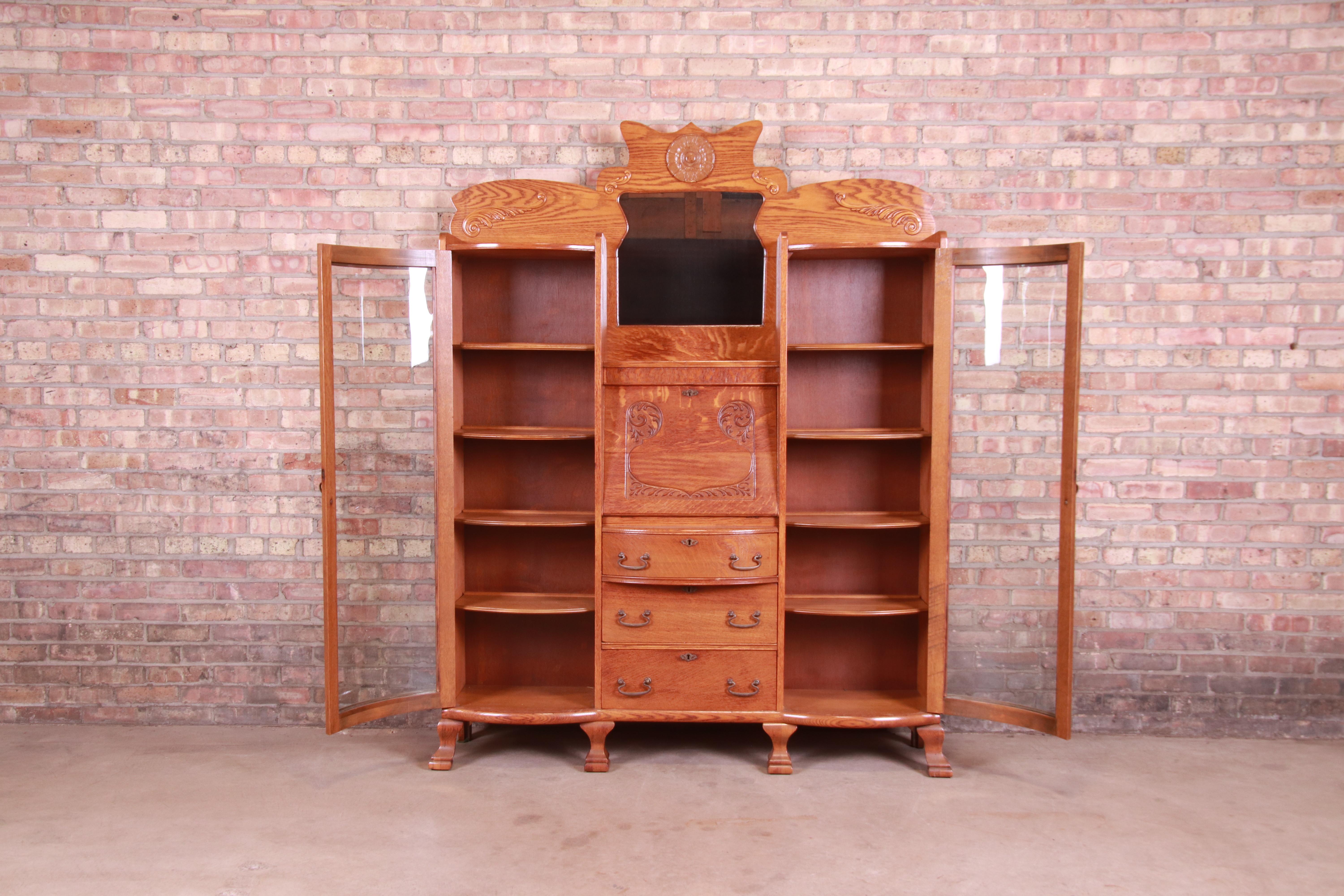 American Antique Victorian Carved Oak Curved Glass Double Bookcase with Secretary Desk