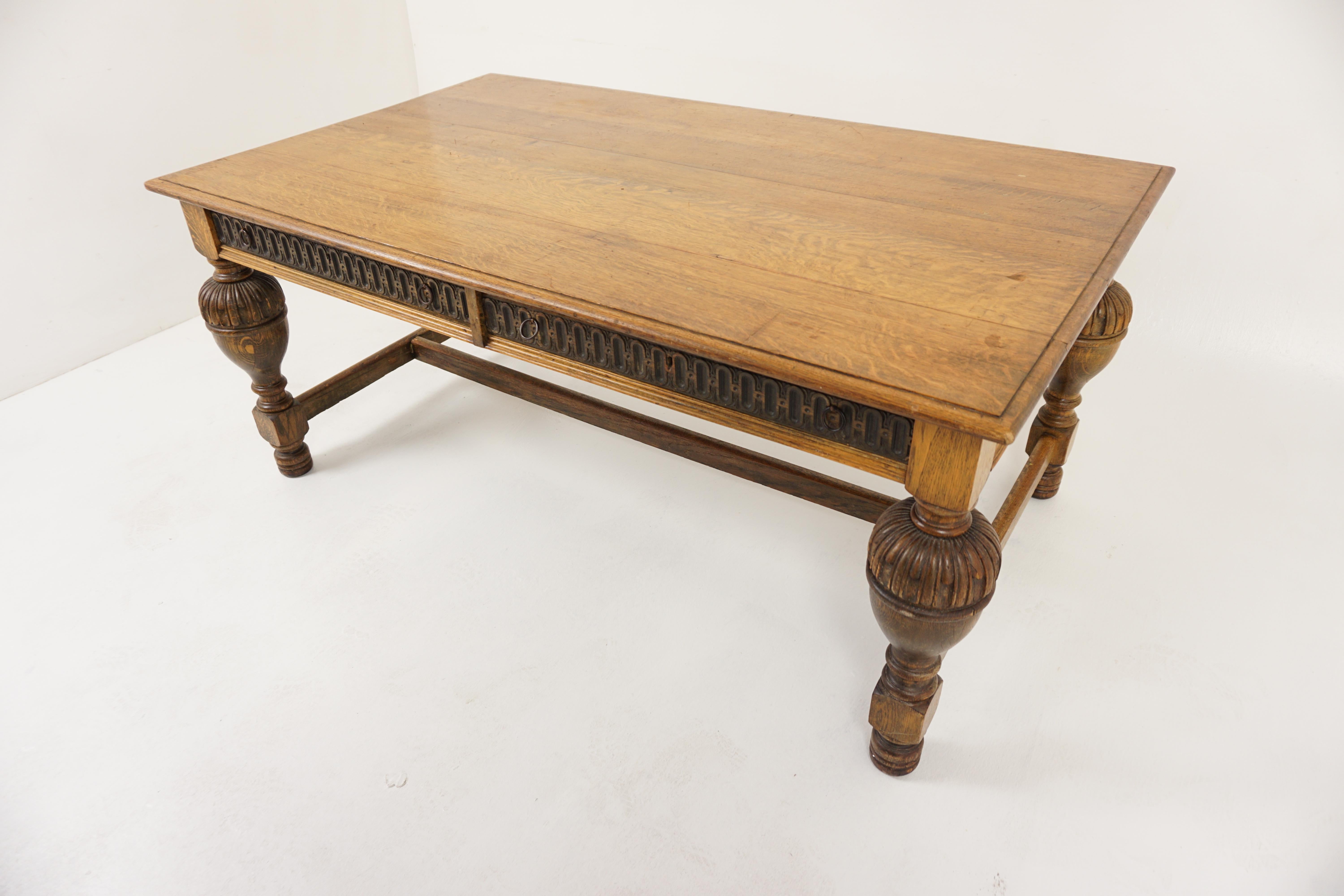 Antique Victorian Carved Oak Desk, Writing Table, Freestanding, Scotland 1890, H984

Scotland 1890
Solid Oak
Original finish
Rectangular moulded top with bevelled edge
Pair of dovetailed drawers with carved fronts
Carved sides and blank carved