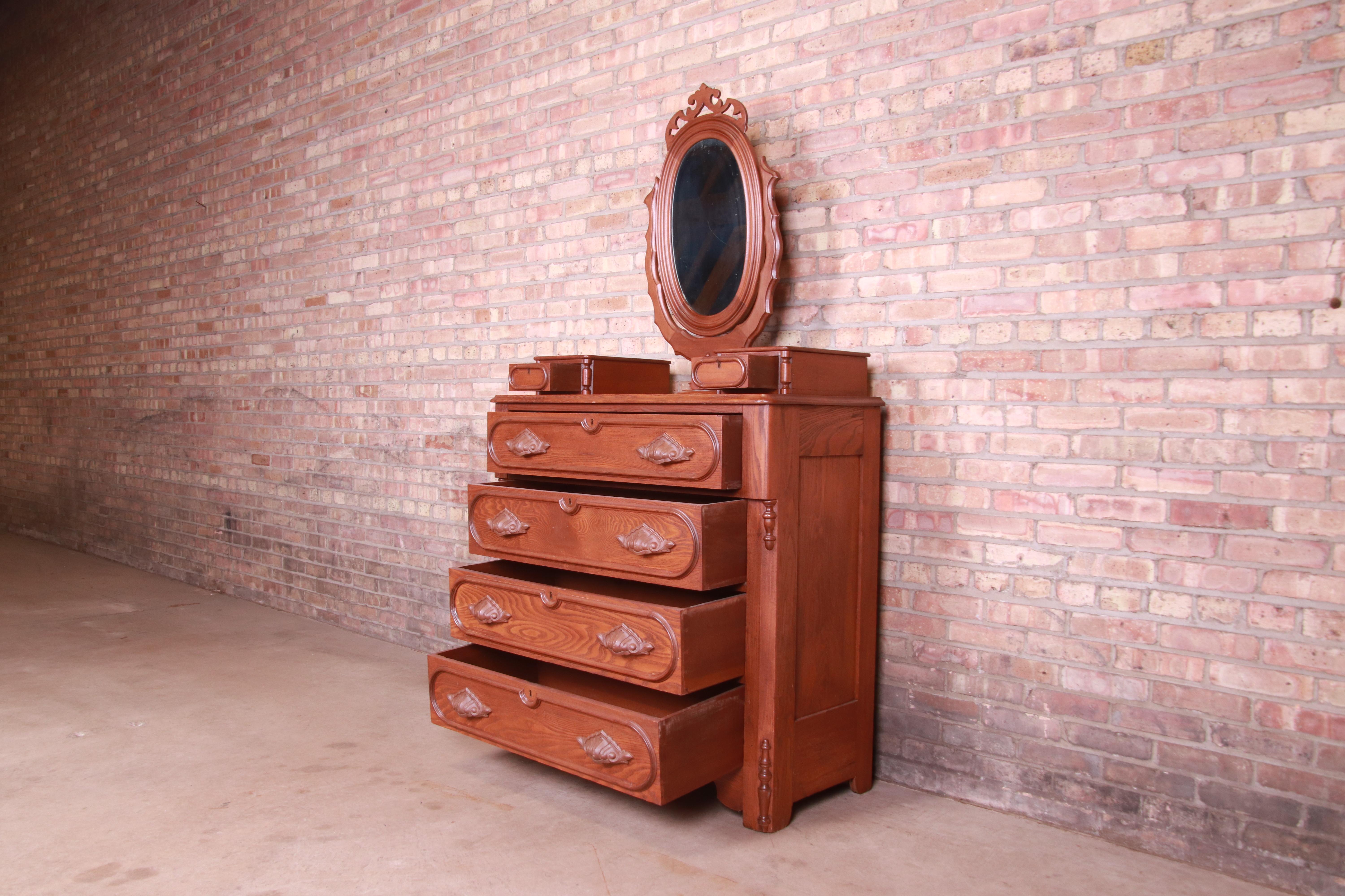 Antique Victorian Carved Oak Dresser with Mirror, Circa 1880s 2