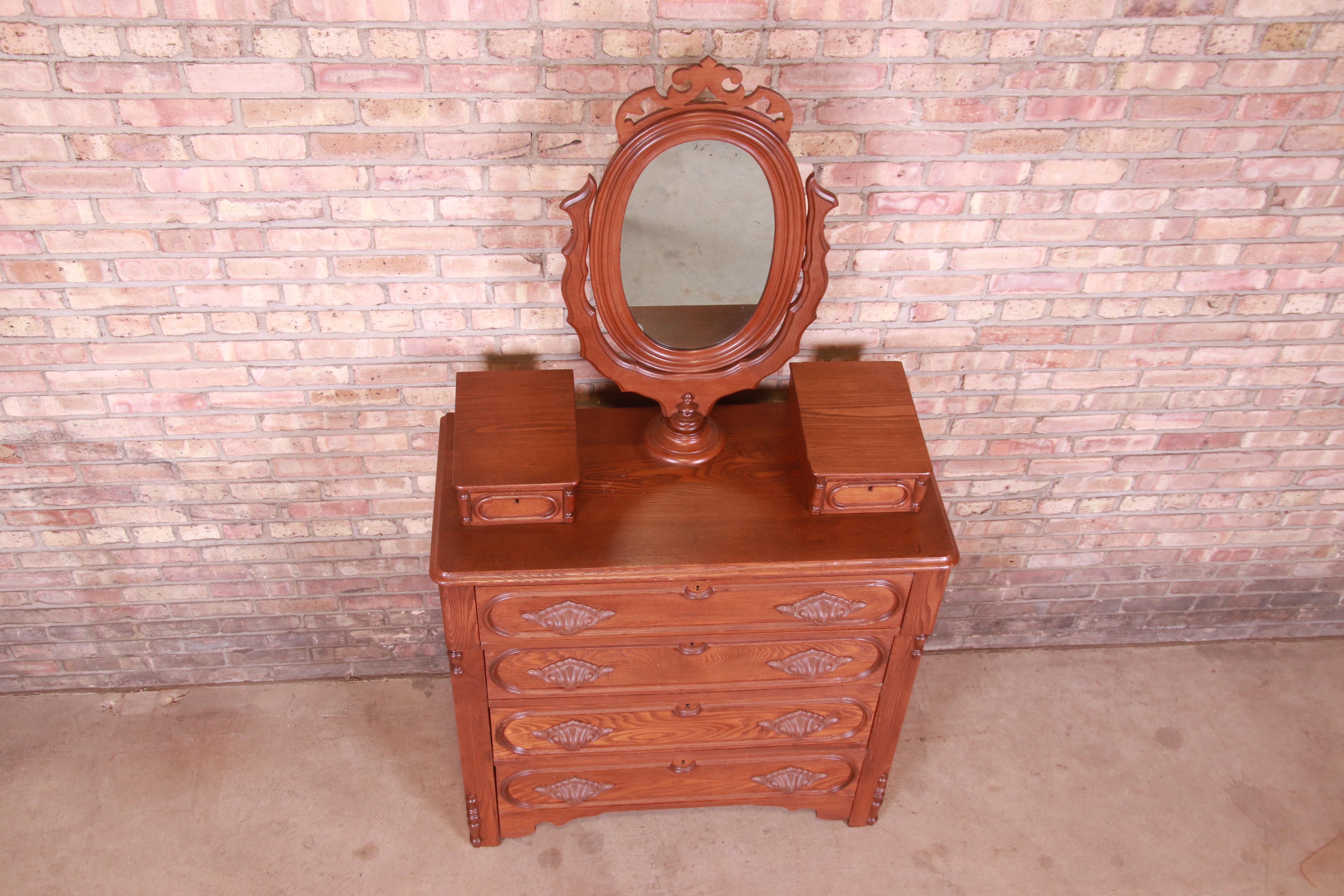 Antique Victorian Carved Oak Dresser with Mirror, Circa 1880s 5