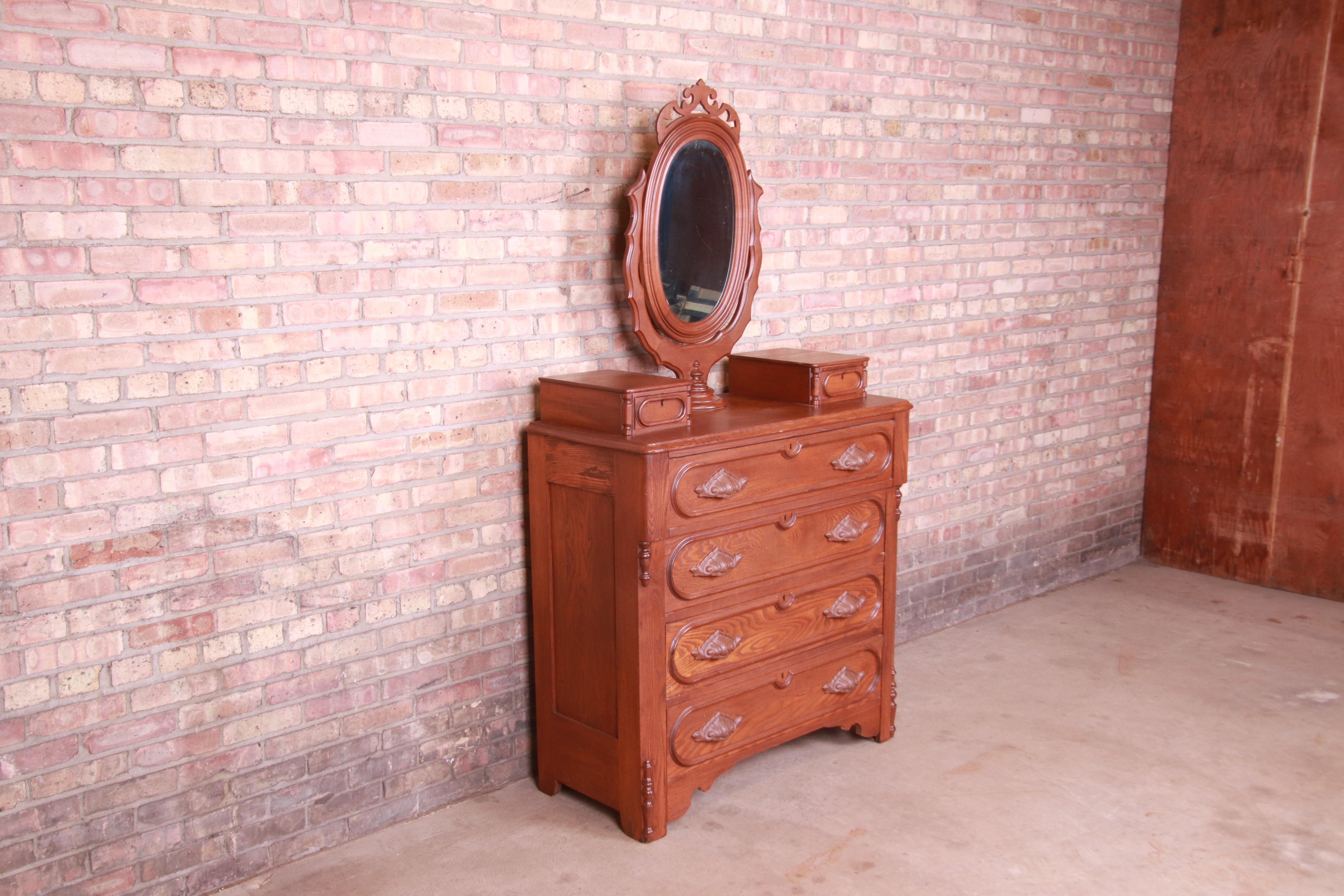 American Antique Victorian Carved Oak Dresser with Mirror, Circa 1880s