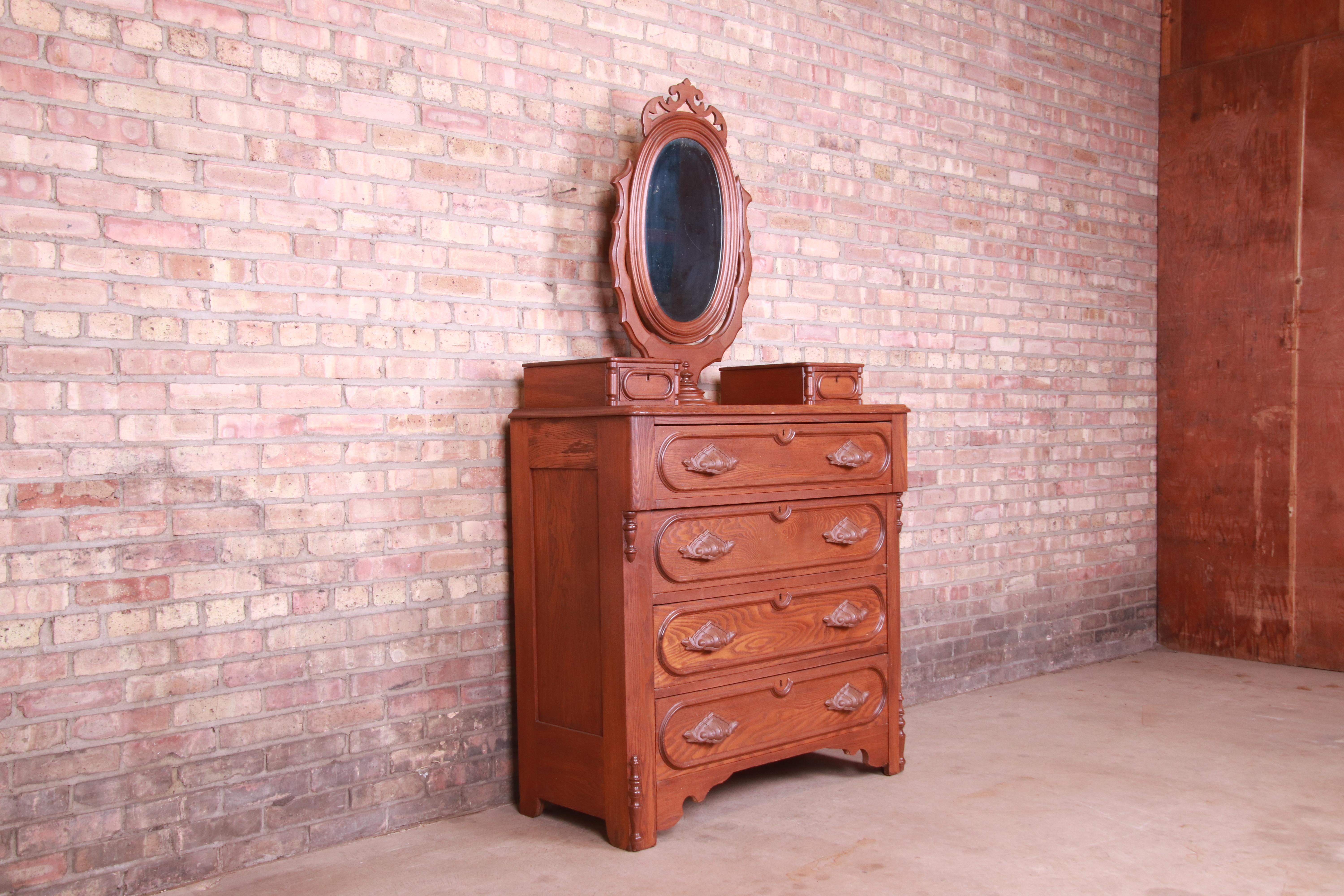 Antique Victorian Carved Oak Dresser with Mirror, Circa 1880s In Good Condition In South Bend, IN