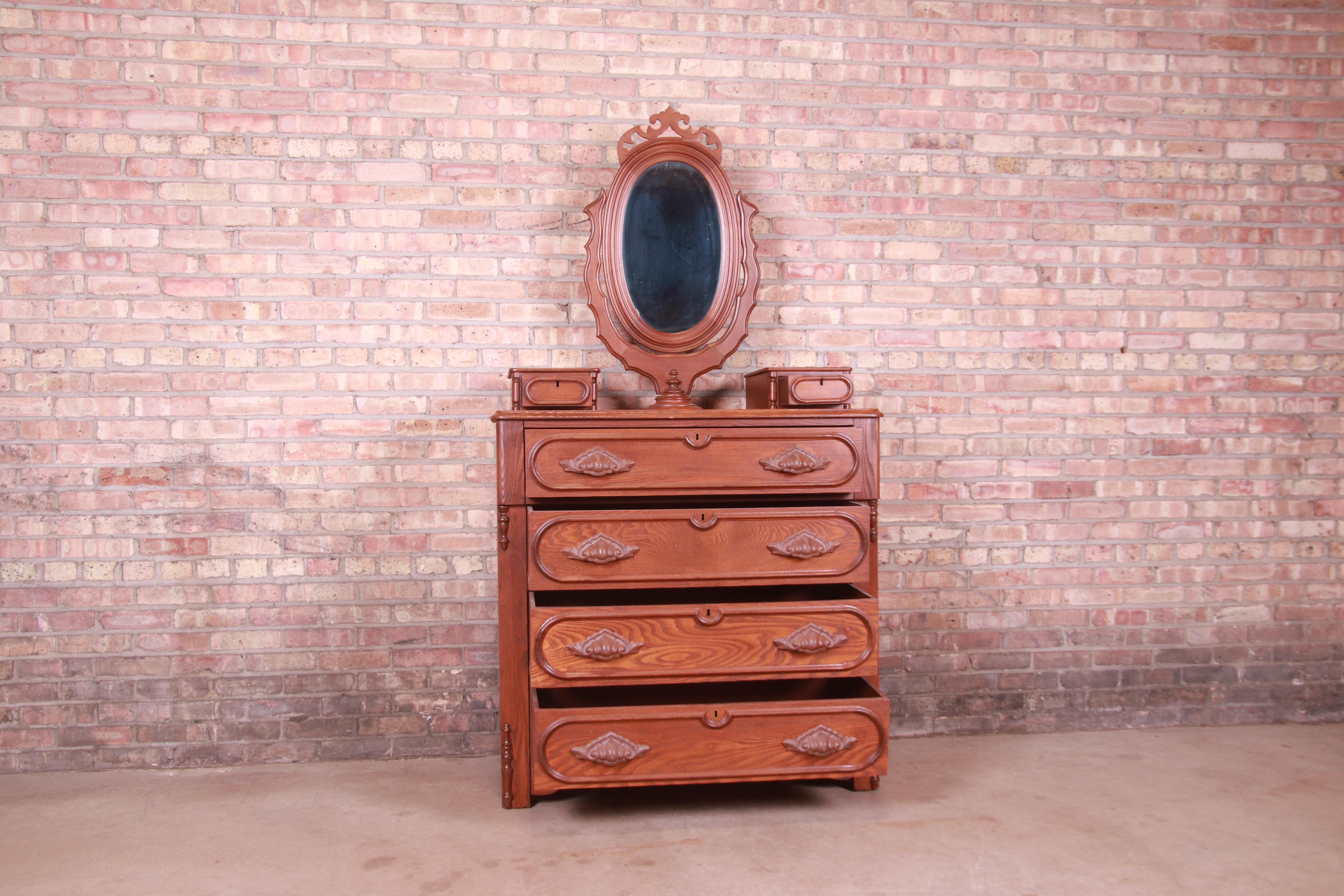 20th Century Antique Victorian Carved Oak Dresser with Mirror, Circa 1880s