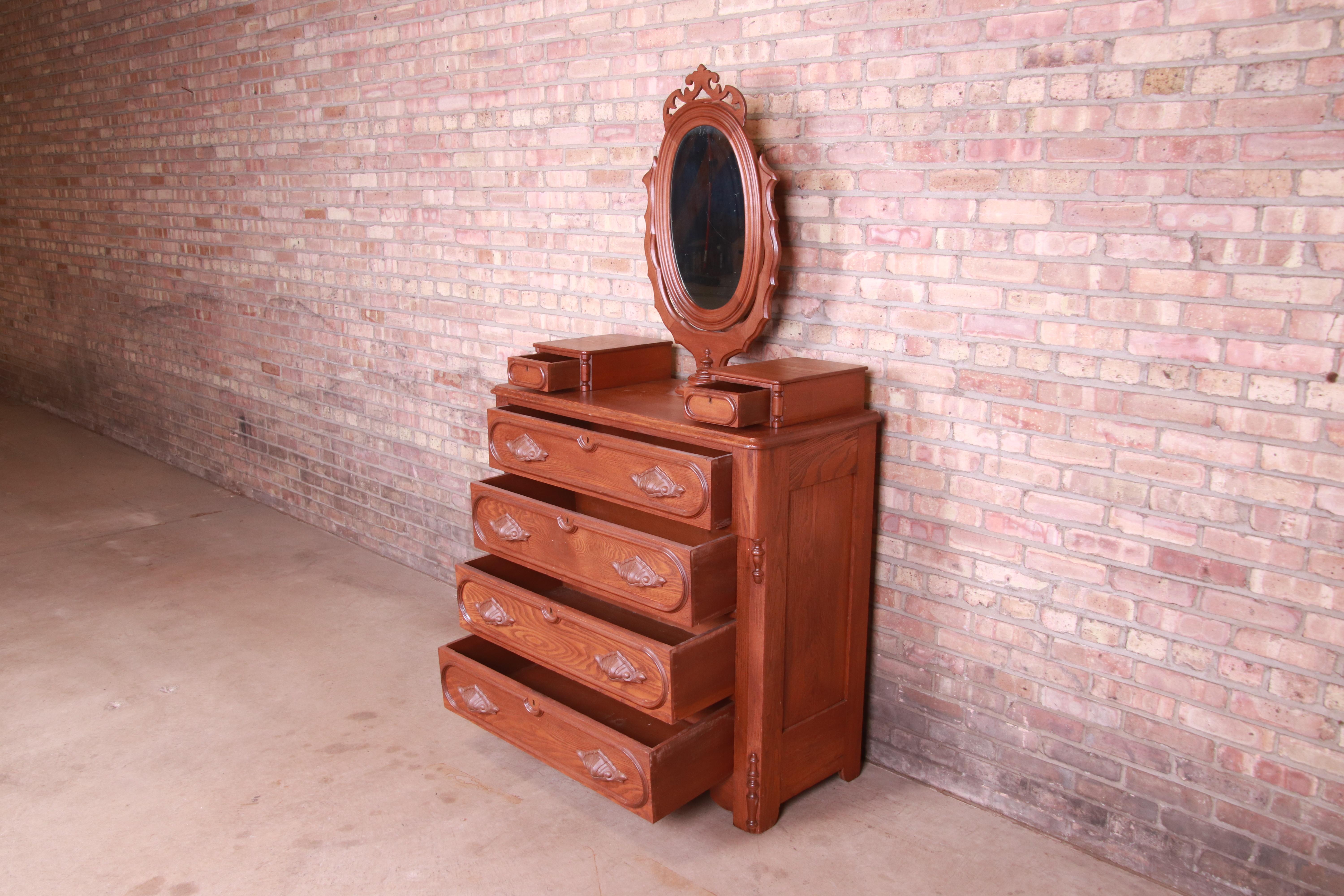 Antique Victorian Carved Oak Dresser with Mirror, Circa 1880s 1