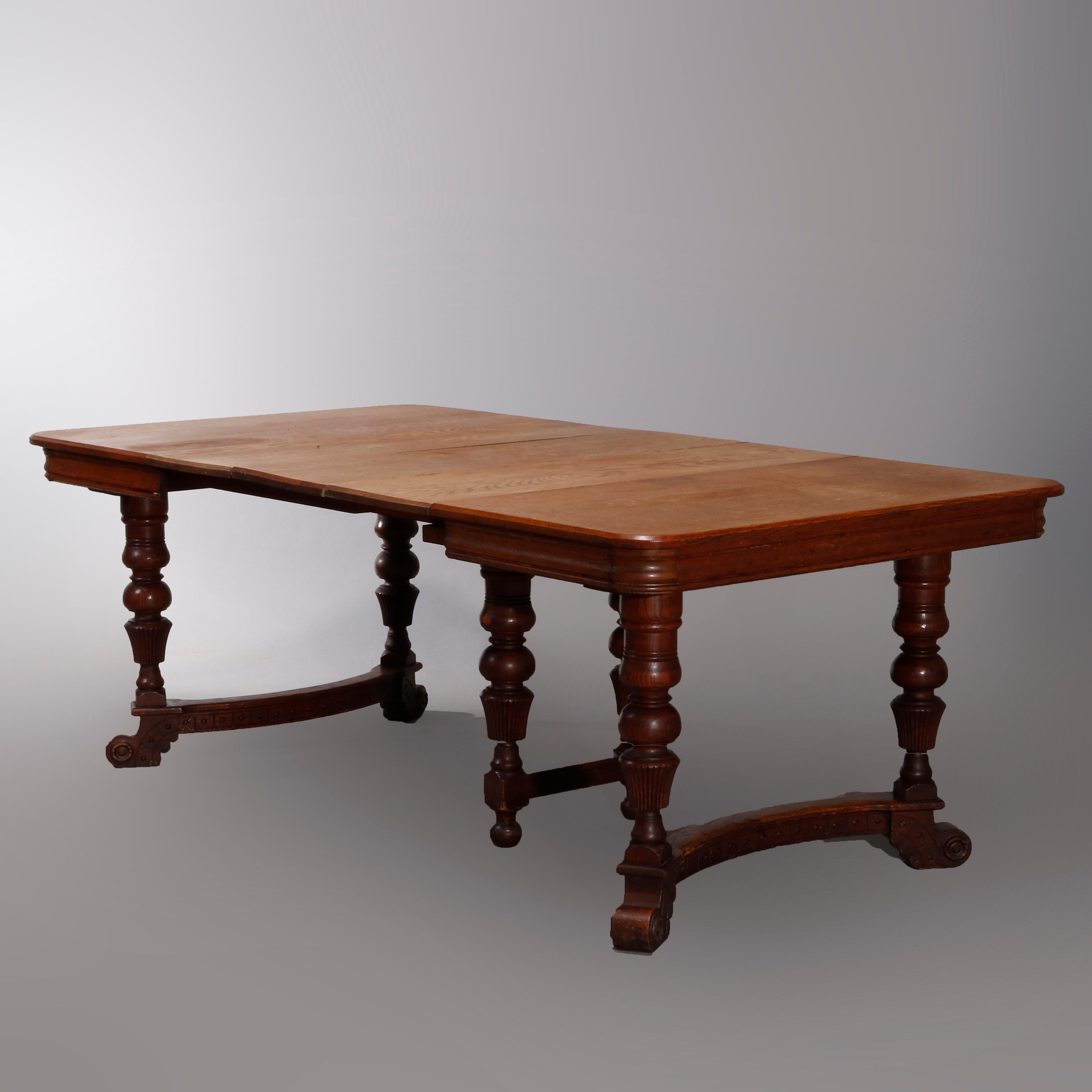 American Antique Victorian Carved Oak Extension Dining Table, Four Leaves, circa 1900