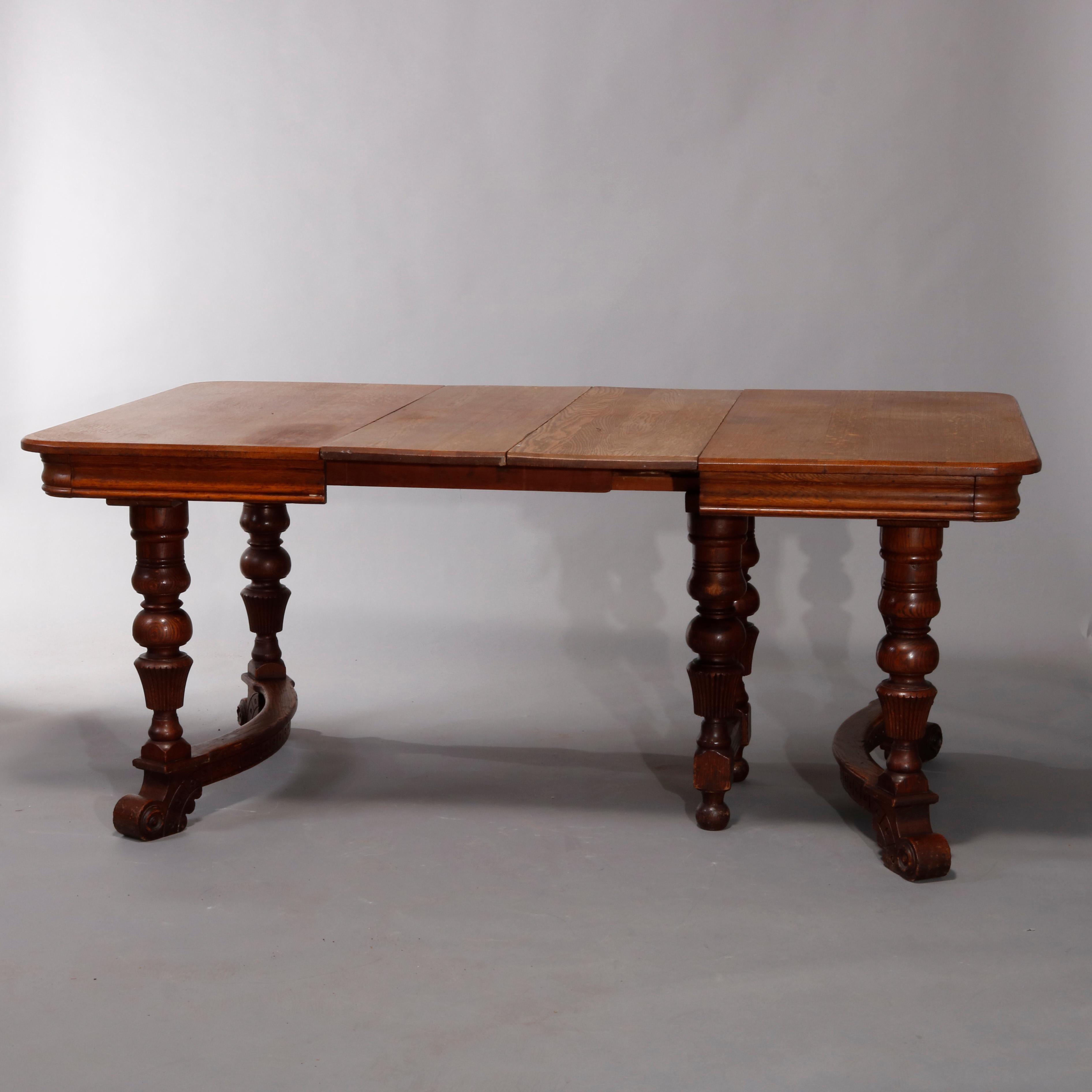 Antique Victorian Carved Oak Extension Dining Table, Four Leaves, circa 1900 In Good Condition In Big Flats, NY