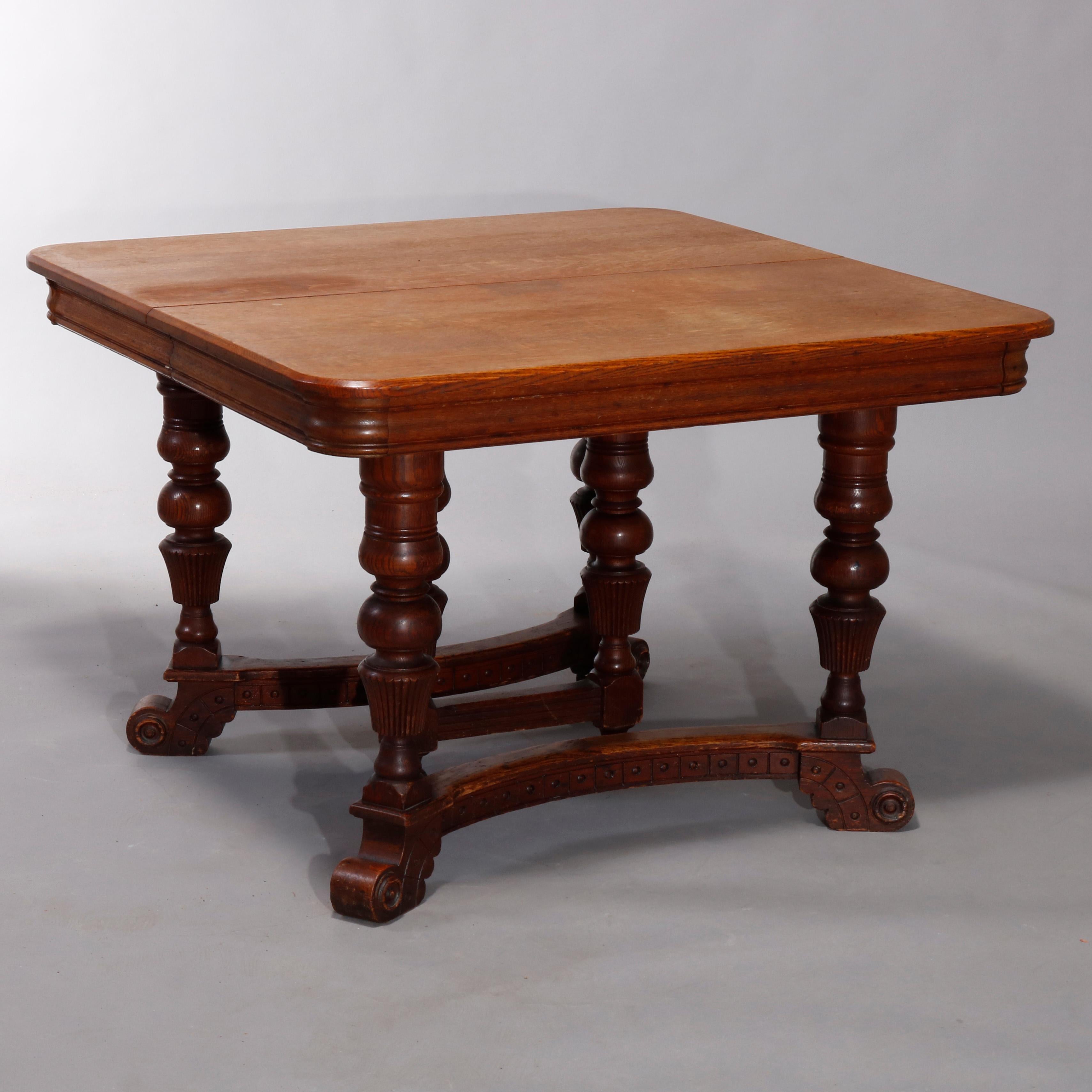 Wood Antique Victorian Carved Oak Extension Dining Table, Four Leaves, circa 1900