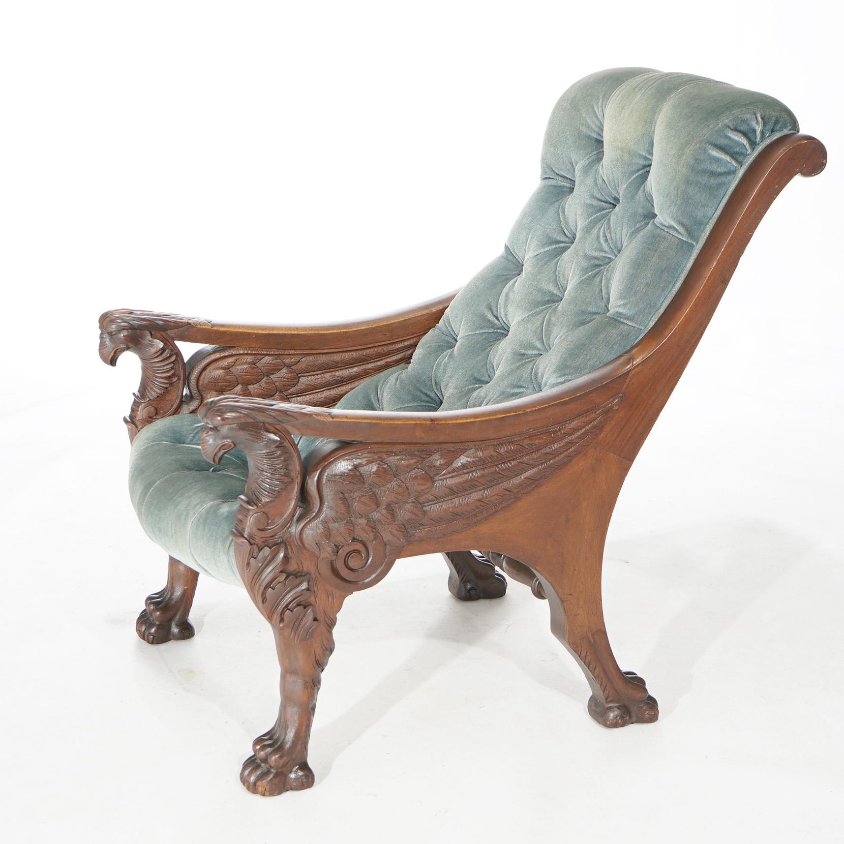 Antique Victorian Carved Mahogany Figural Winged Griffin Lolling Chair, c1900 In Good Condition In Big Flats, NY
