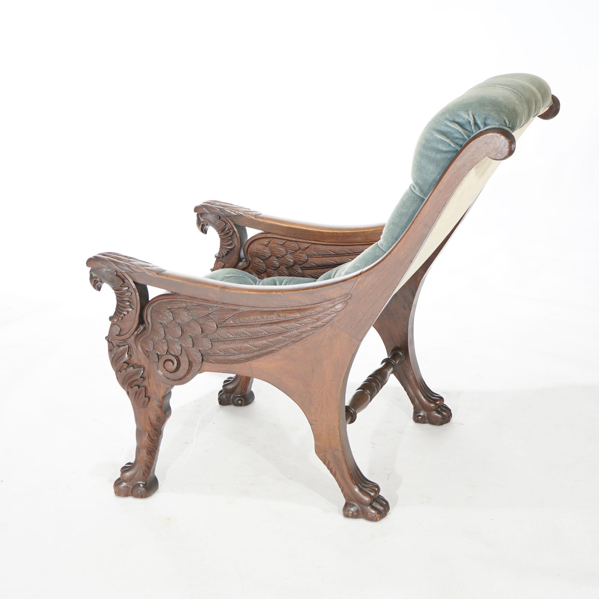 20th Century Antique Victorian Carved Mahogany Figural Winged Griffin Lolling Chair, c1900