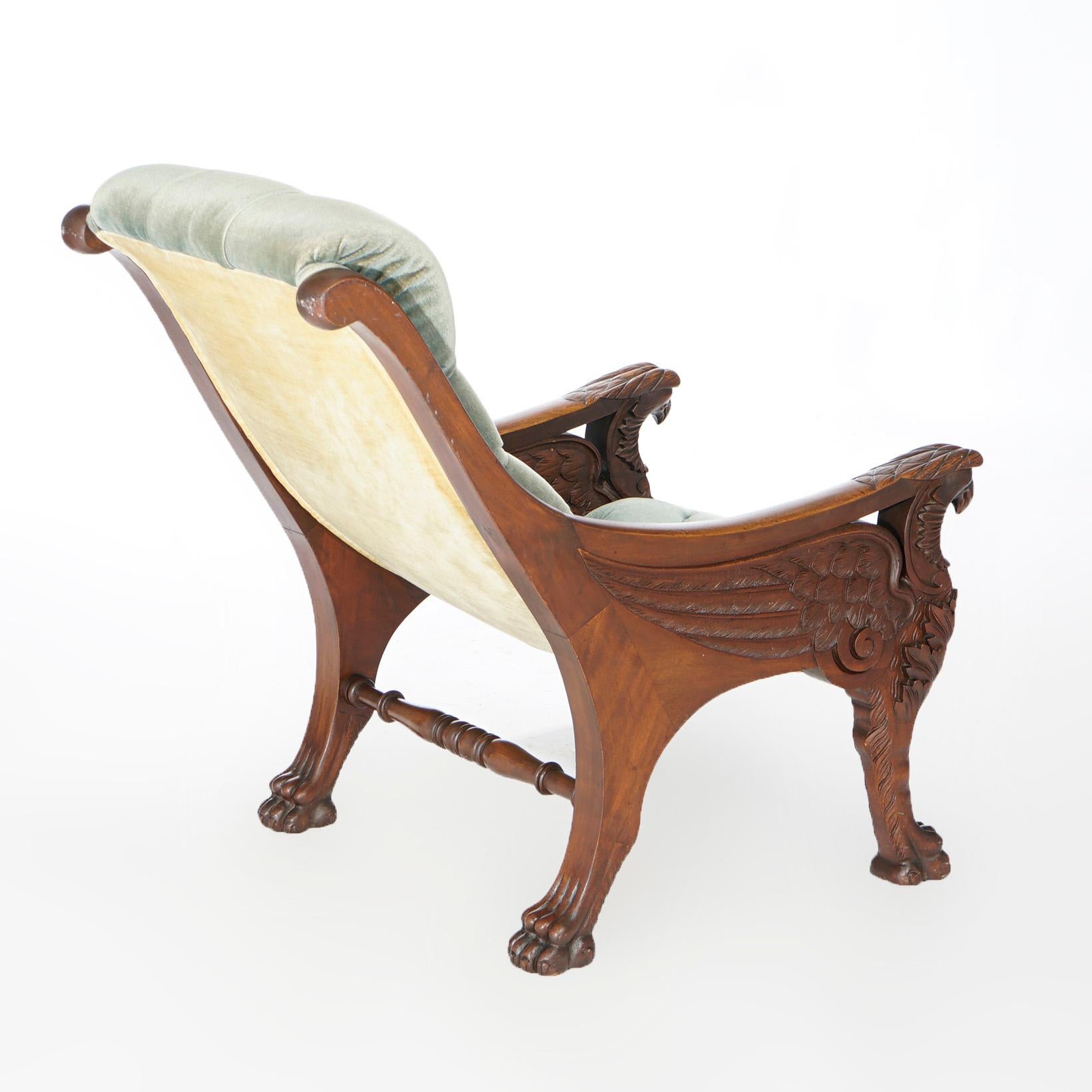 Upholstery Antique Victorian Carved Mahogany Figural Winged Griffin Lolling Chair, c1900