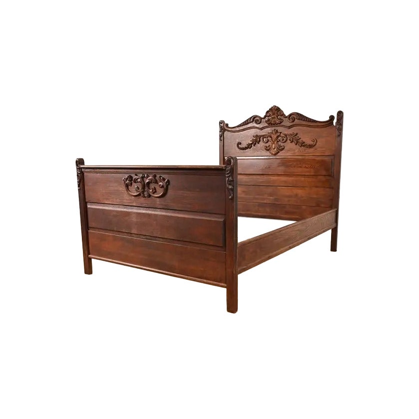 Antique Victorian Carved Oak Full Size Bed, Circa 1890s For Sale