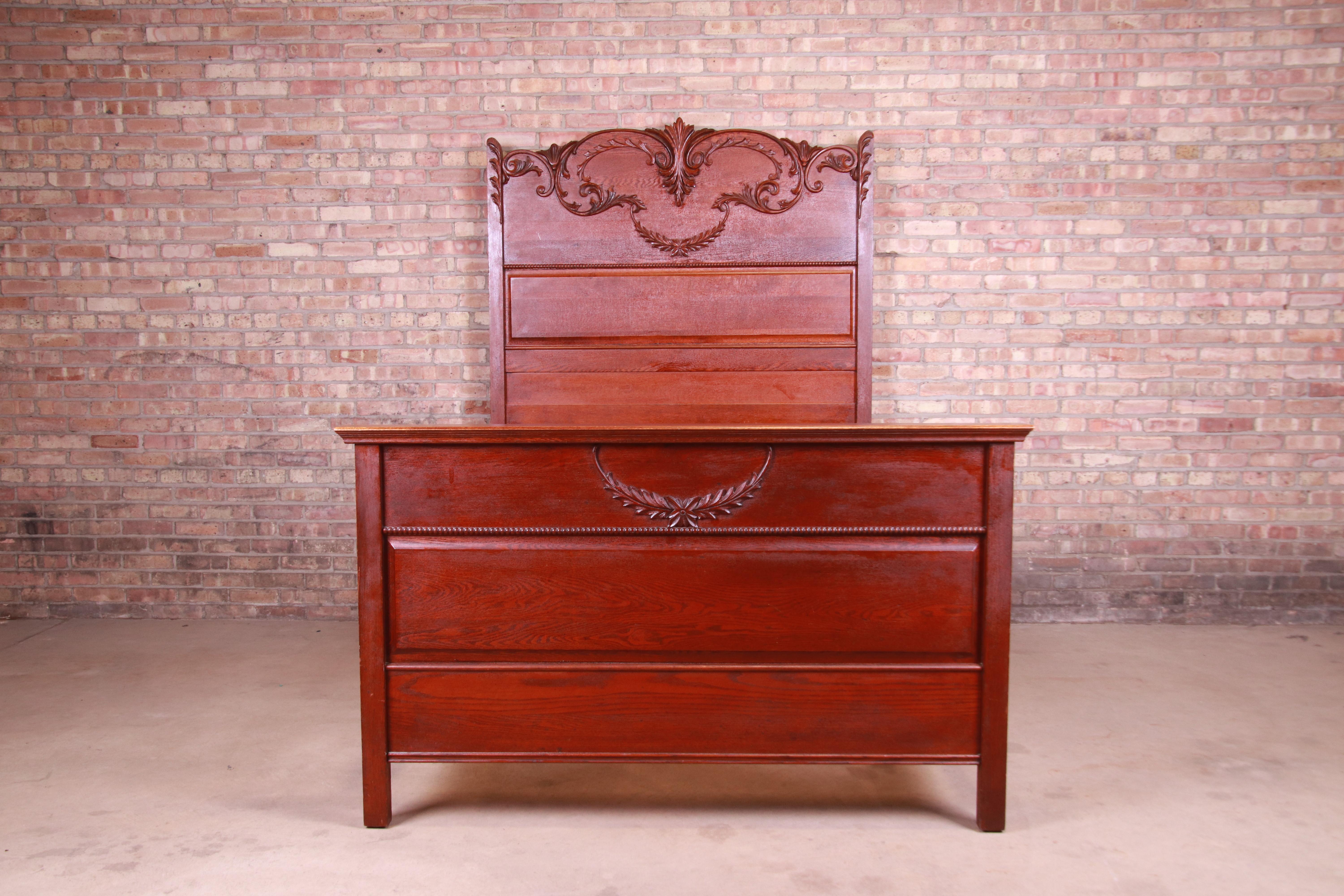 American Antique Victorian Carved Oak Full Size Bed, circa 1900