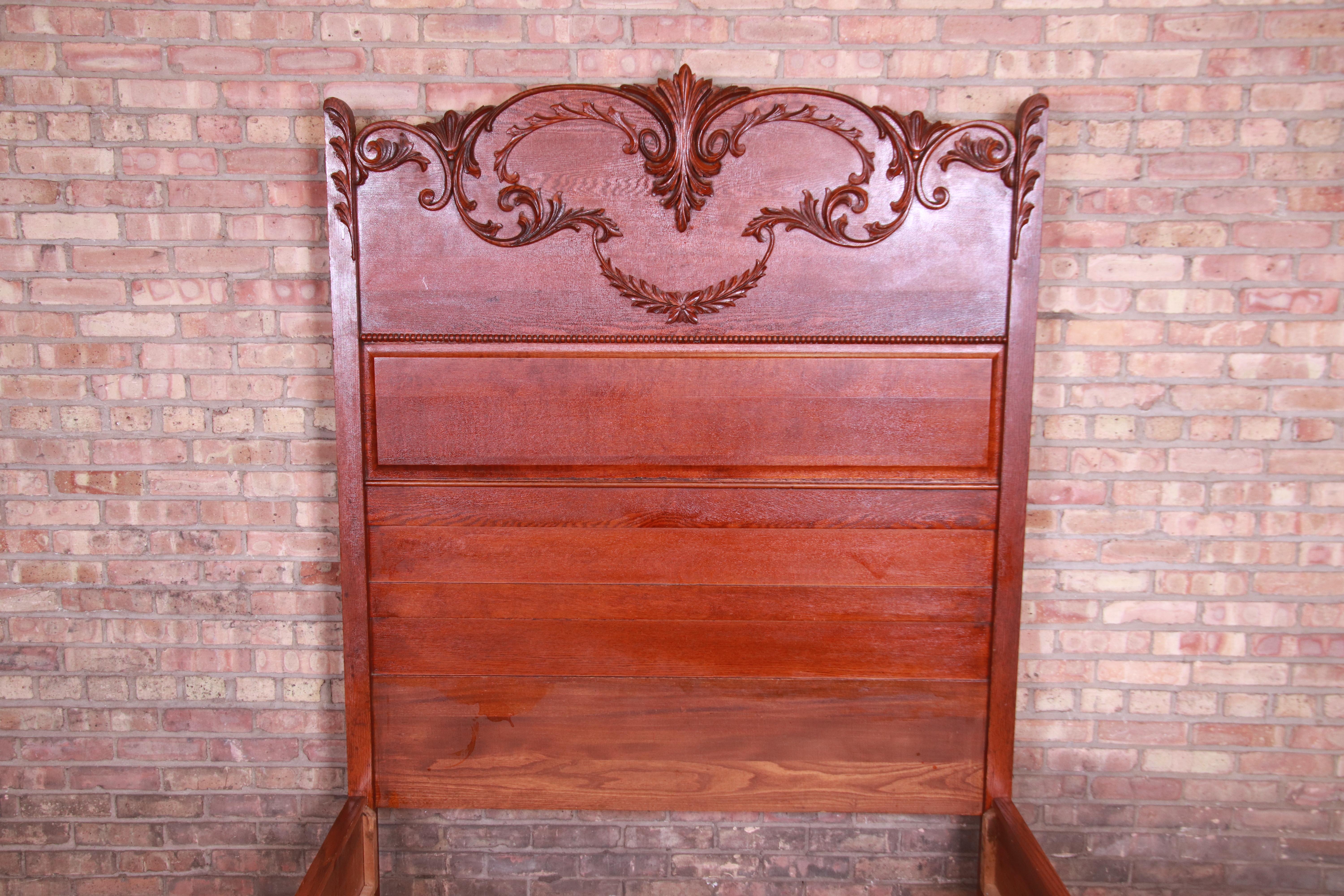 20th Century Antique Victorian Carved Oak Full Size Bed, circa 1900