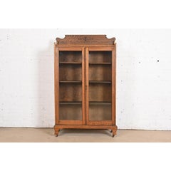 Antique Victorian Carved Oak Glass Front Bookcase, Circa 1890