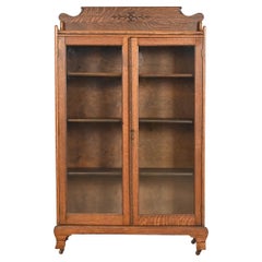 Used Victorian Carved Oak Glass Front Bookcase, Circa 1890
