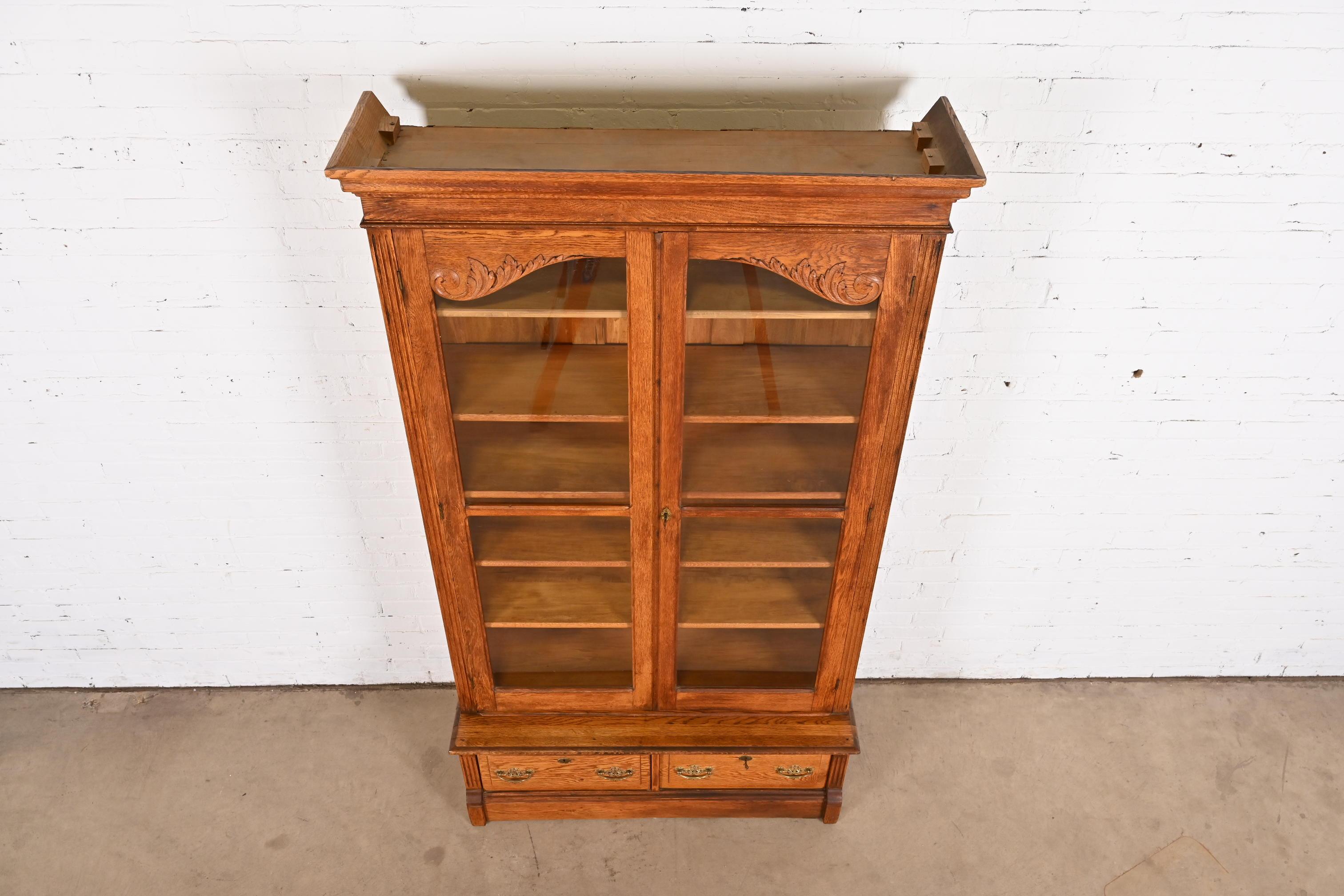 Antique Victorian Carved Oak Glass Front Bookcase, Circa 1900 For Sale 8