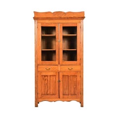 Antique Victorian Carved Oak Glass Front Bookcase or Dining Cabinet, Circa 1900