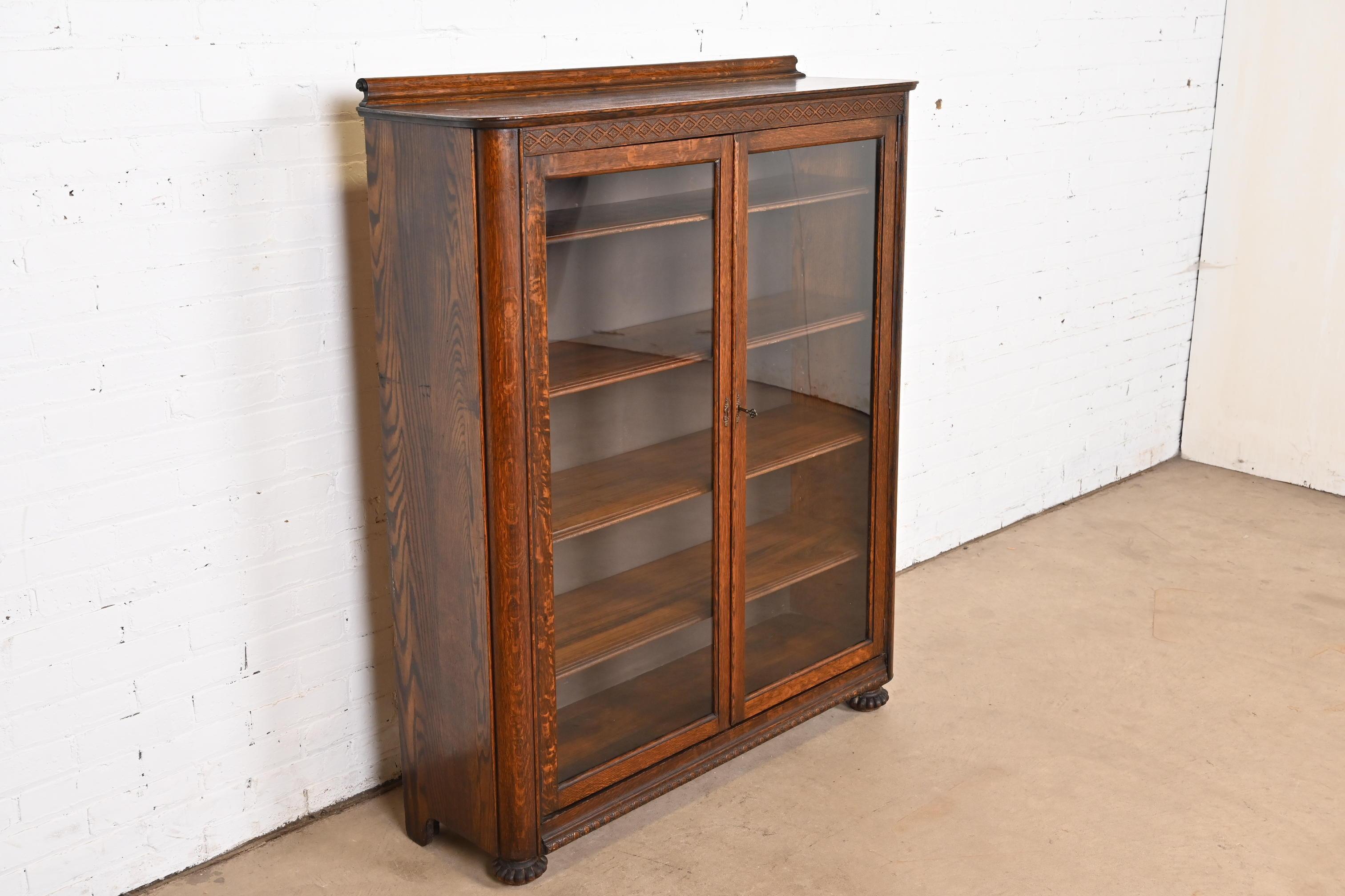 20th Century Antique Victorian Carved Oak Glass Front Double Bookcase, Circa 1900