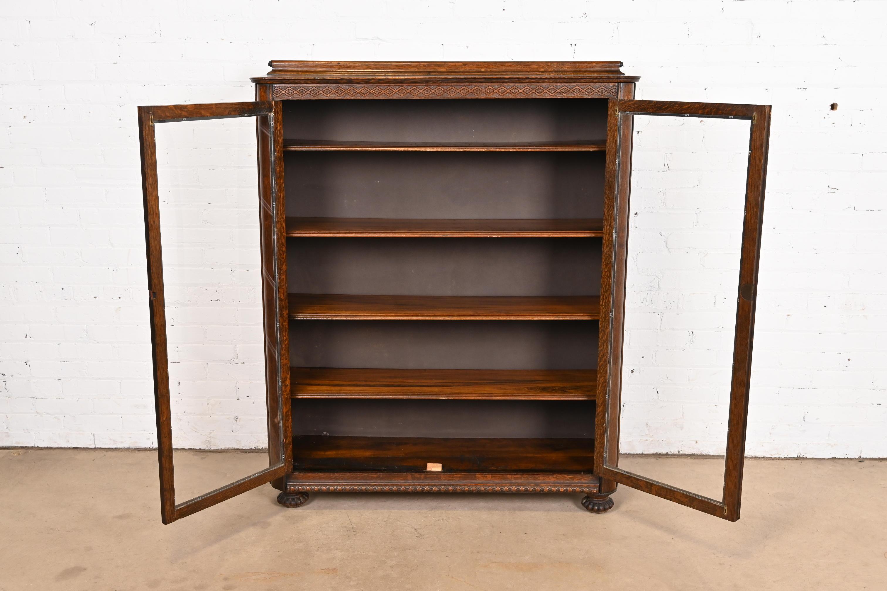 Brass Antique Victorian Carved Oak Glass Front Double Bookcase, Circa 1900