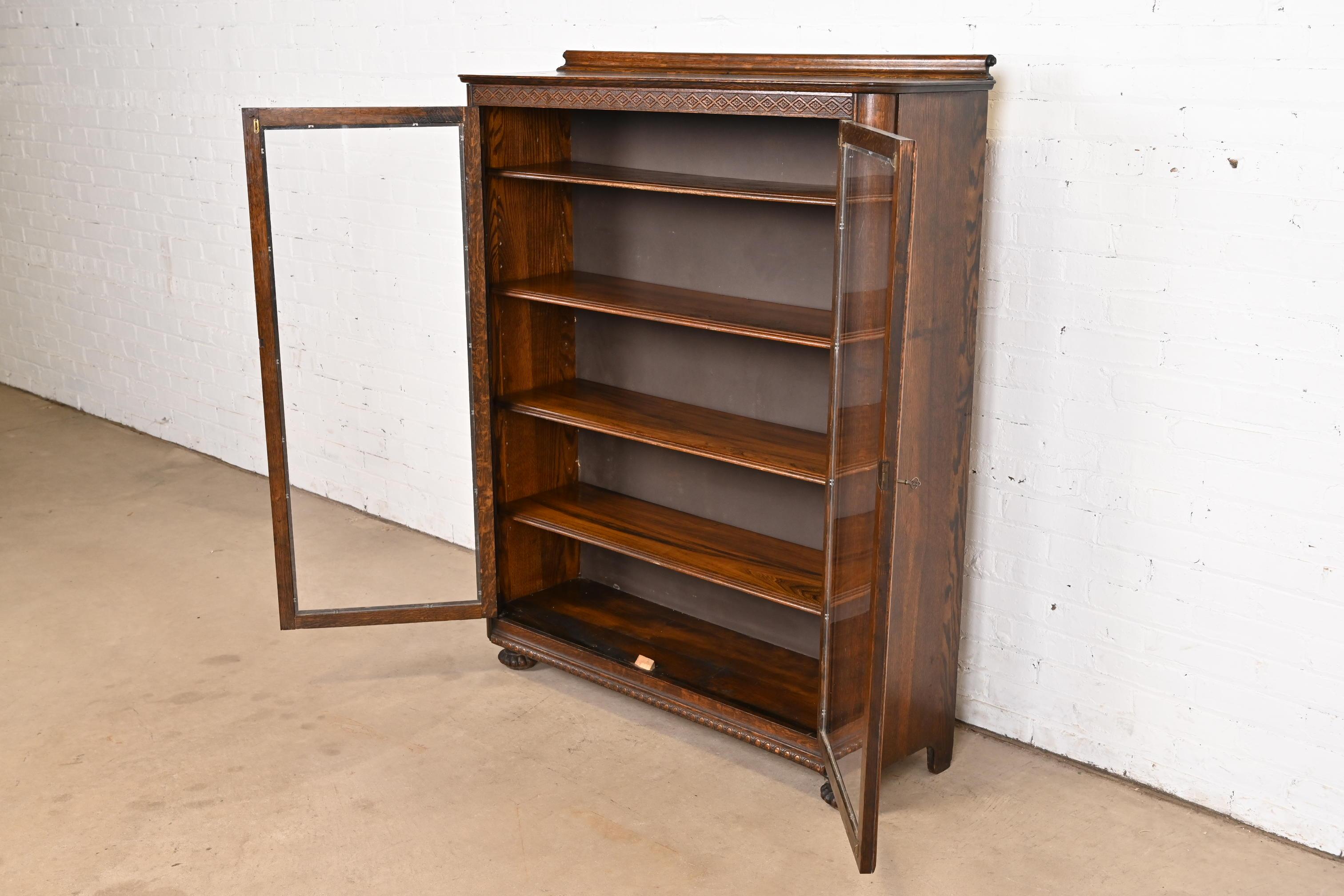 Antique Victorian Carved Oak Glass Front Double Bookcase, Circa 1900 1