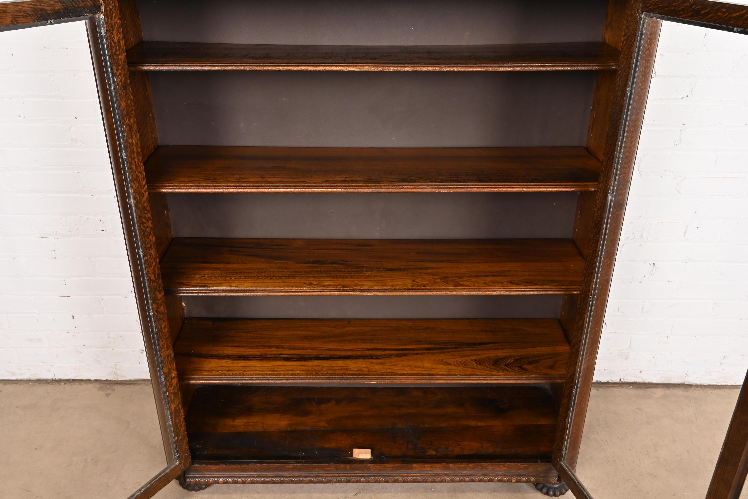 Antique Victorian Carved Oak Glass Front Double Bookcase, Circa 1900 2
