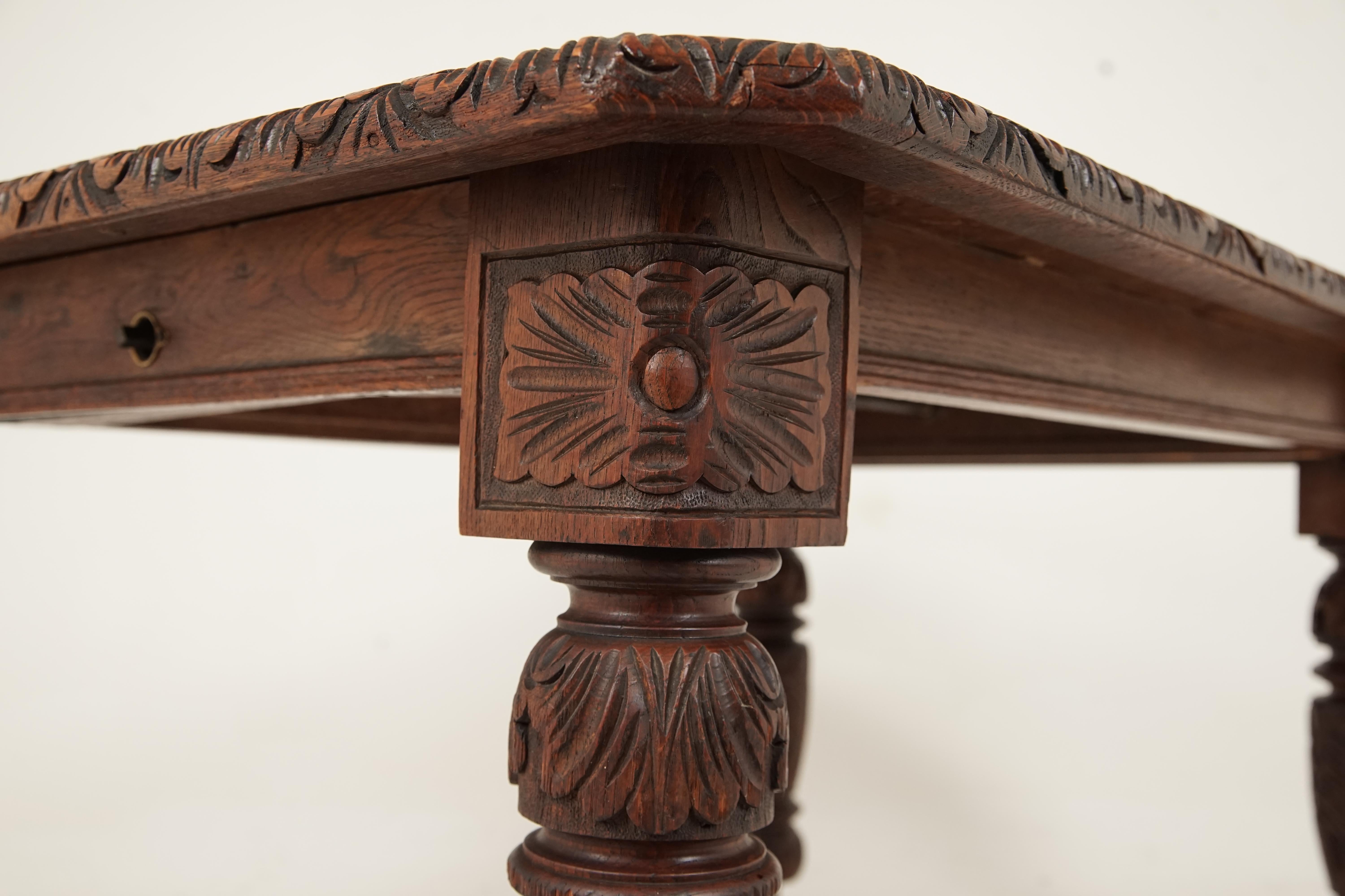 Hand-Crafted Antique Victorian Carved Oak Gothic 2 Leaf Dining Table, Scotland, 1870
