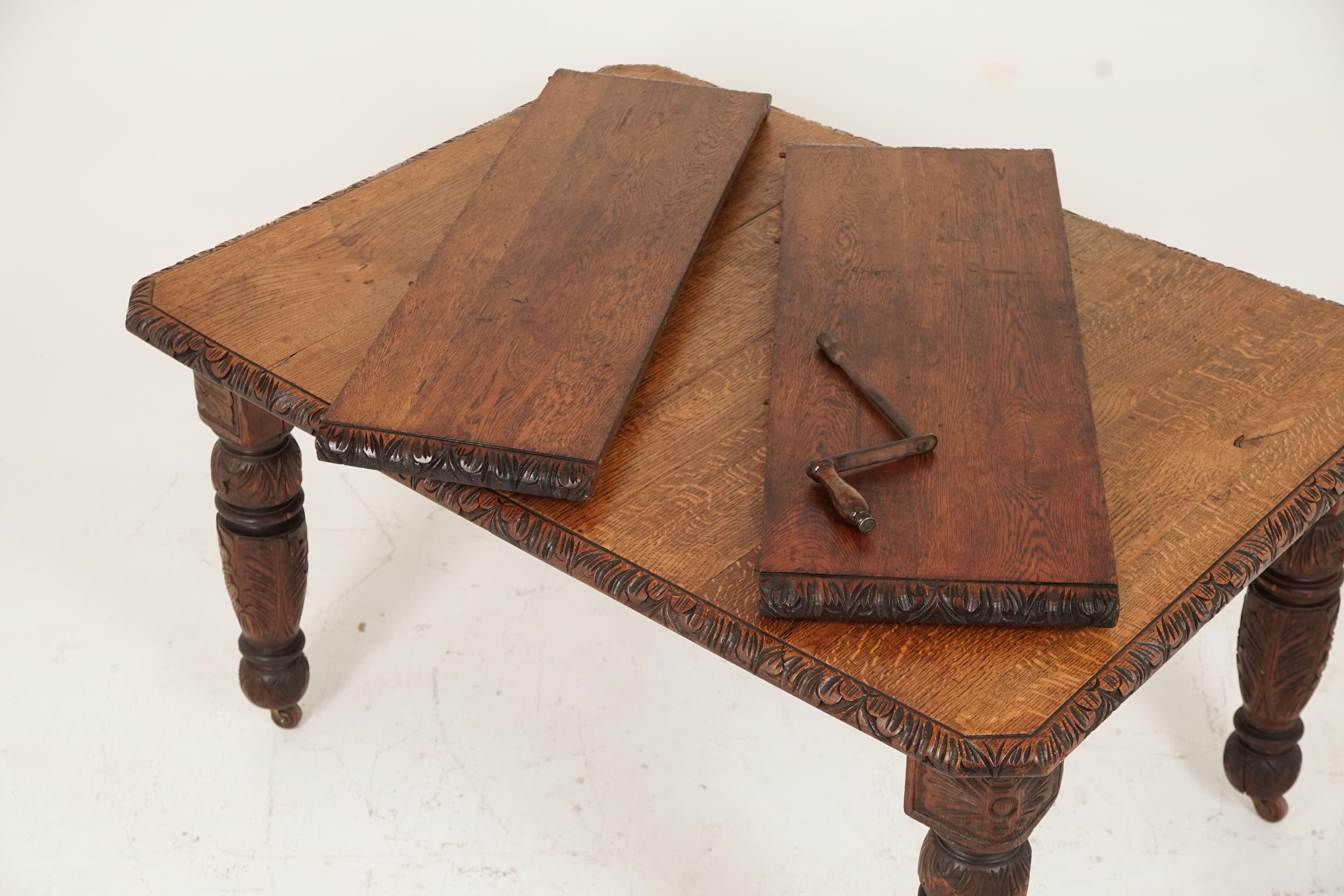 Late 19th Century Antique Victorian Carved Oak Gothic 2 Leaf Dining Table, Scotland, 1870