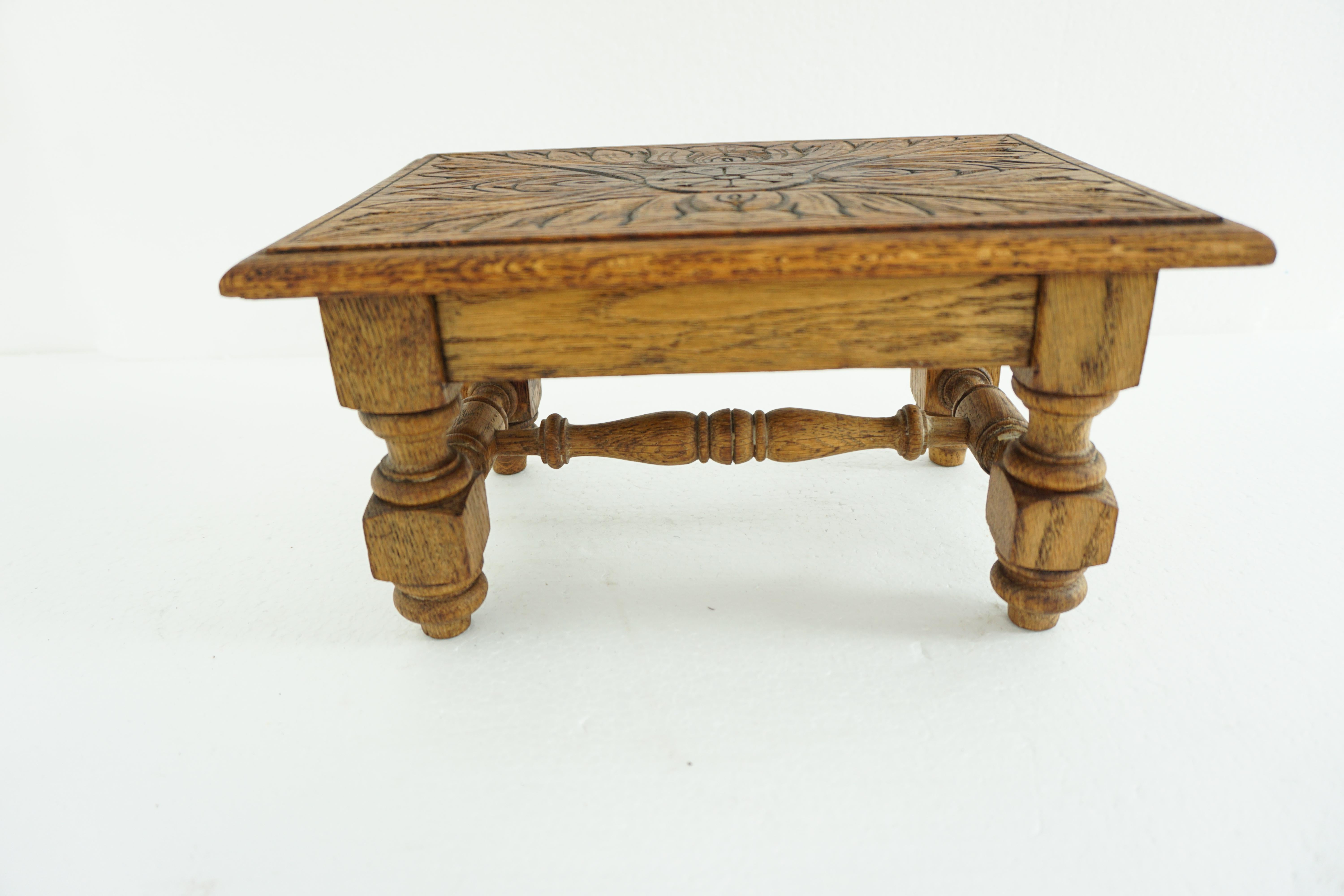 Late 19th Century Antique Victorian Carved Oak Gothic Revival Footstool, Scotland 1890 1812