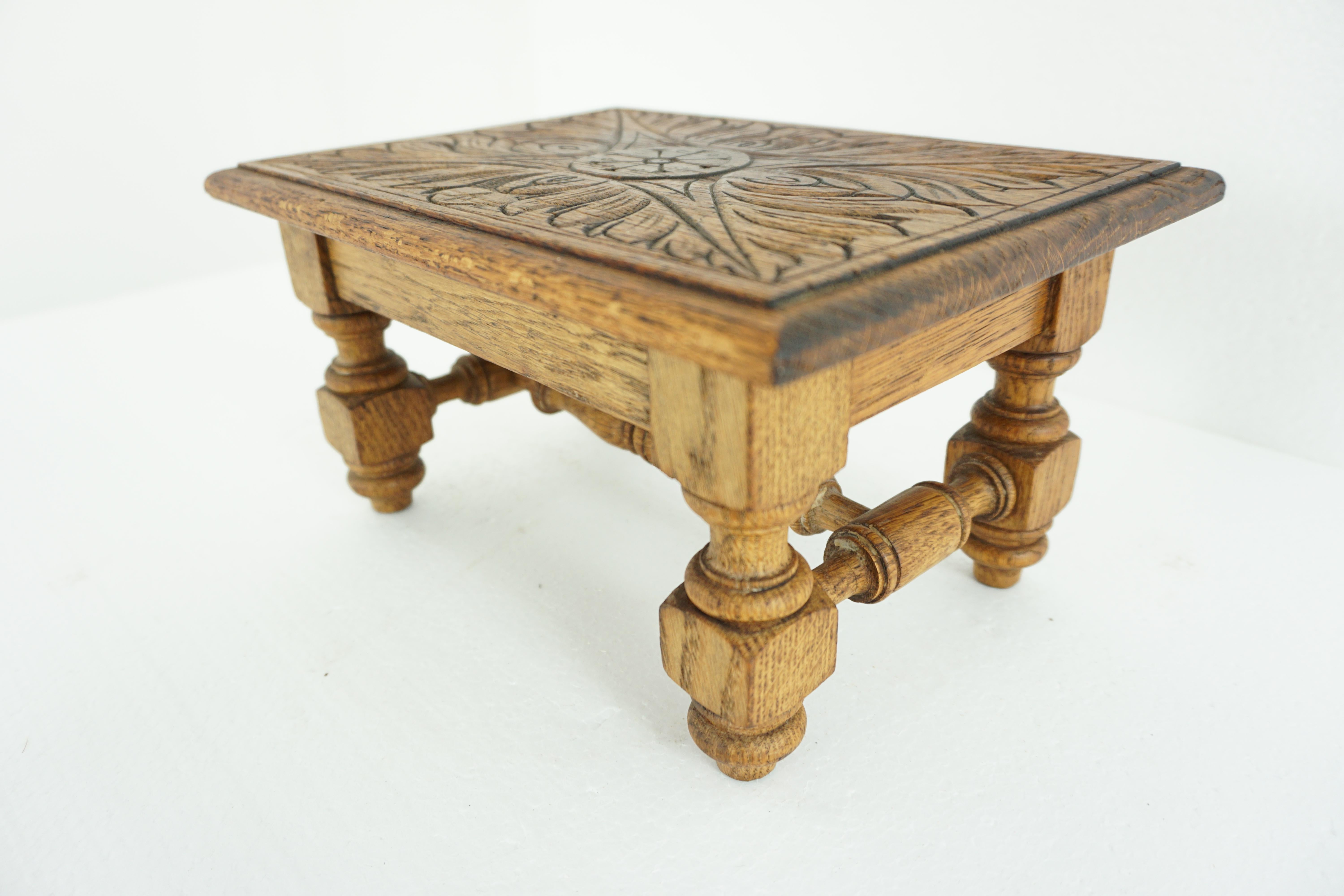 Antique Victorian Carved Oak Gothic Revival Footstool, Scotland 1890 1812 1