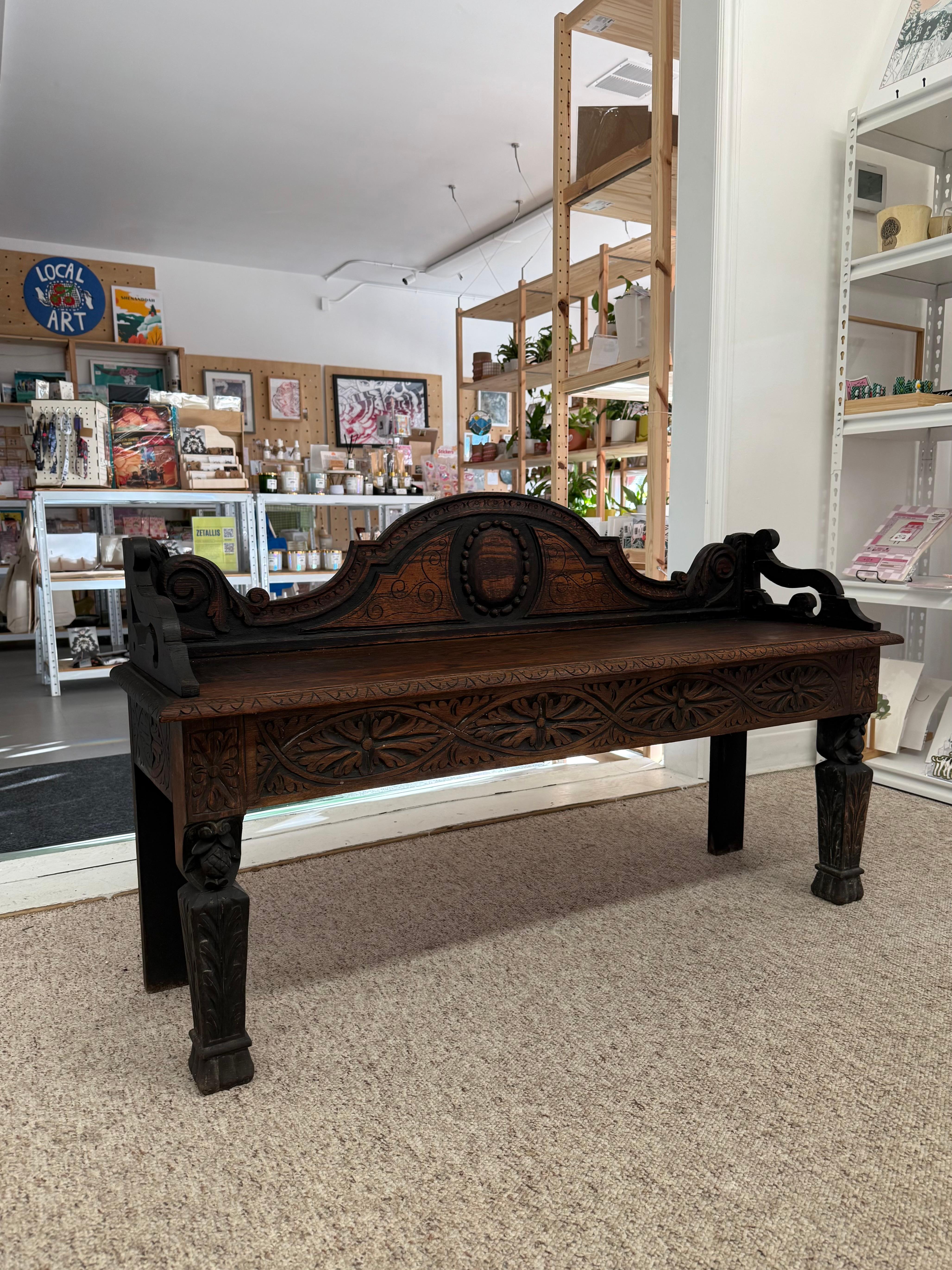 Antique Victorian Carved Oak Hall Bench Intricate Floral Design For Sale 1