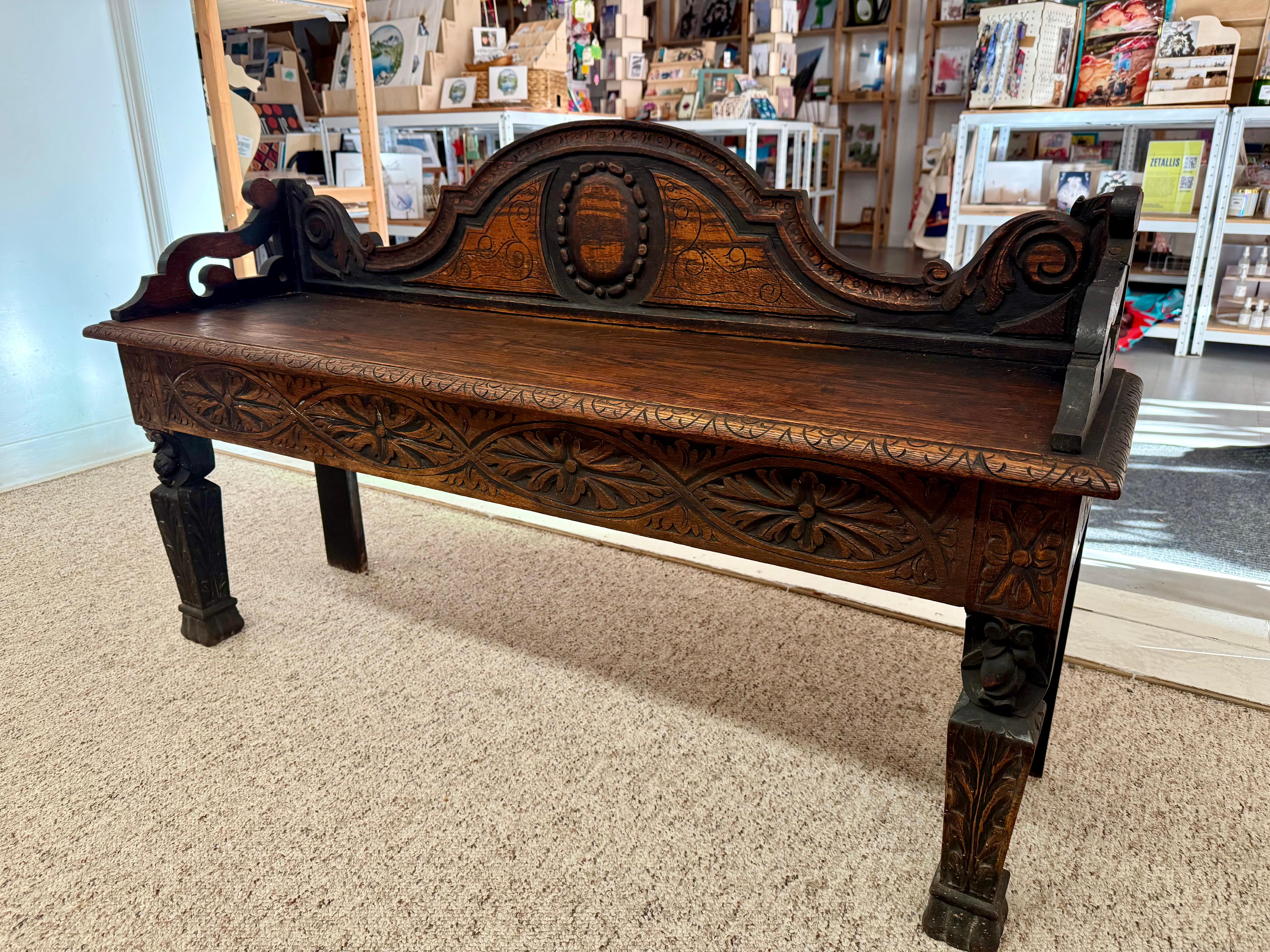 Antique Victorian Carved Oak Hall Bench Intricate Floral Design For Sale 2