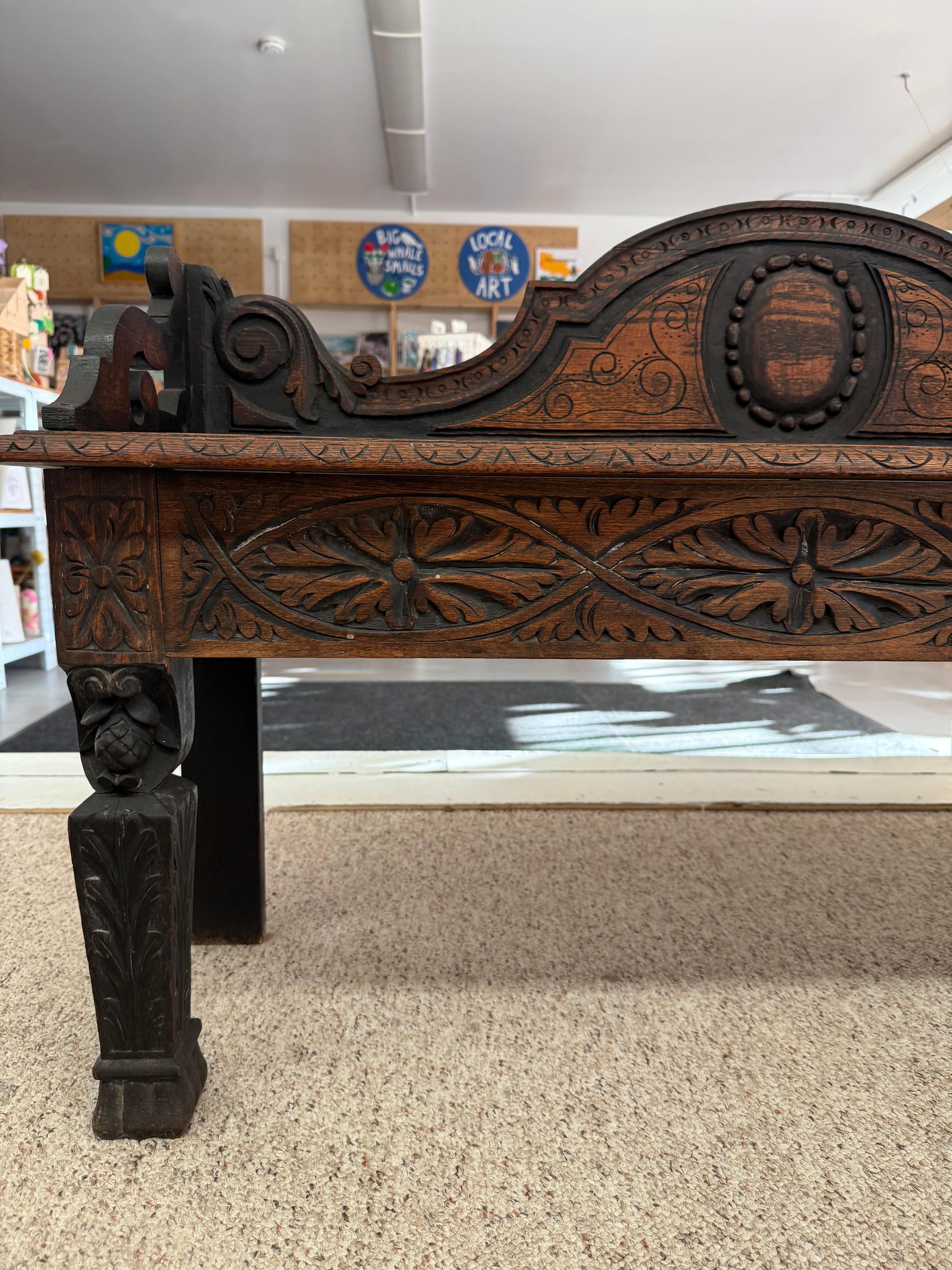Antique Victorian Carved Oak Hall Bench Intricate Floral Design For Sale 4