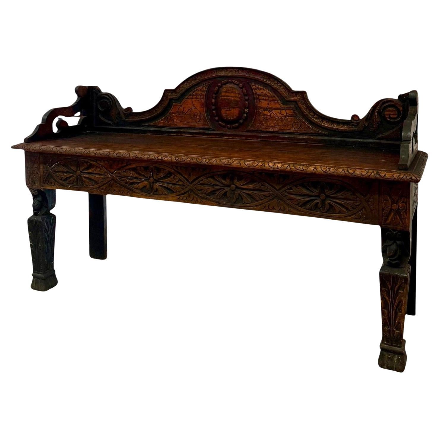 Antique Victorian Carved Oak Hall Bench Intricate Floral Design For Sale